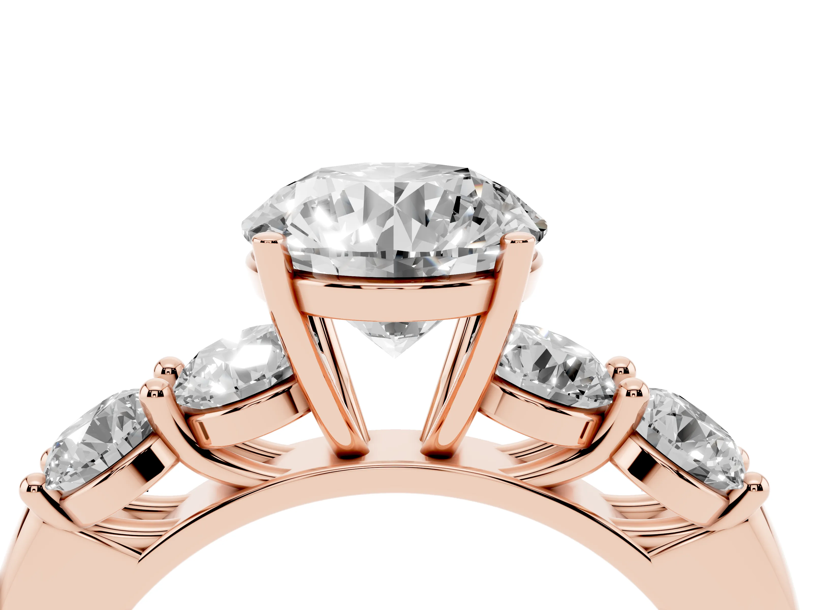 Round Cut Diamond Five-Stone Prong Set Ring Set in Rose gold with Classic Band