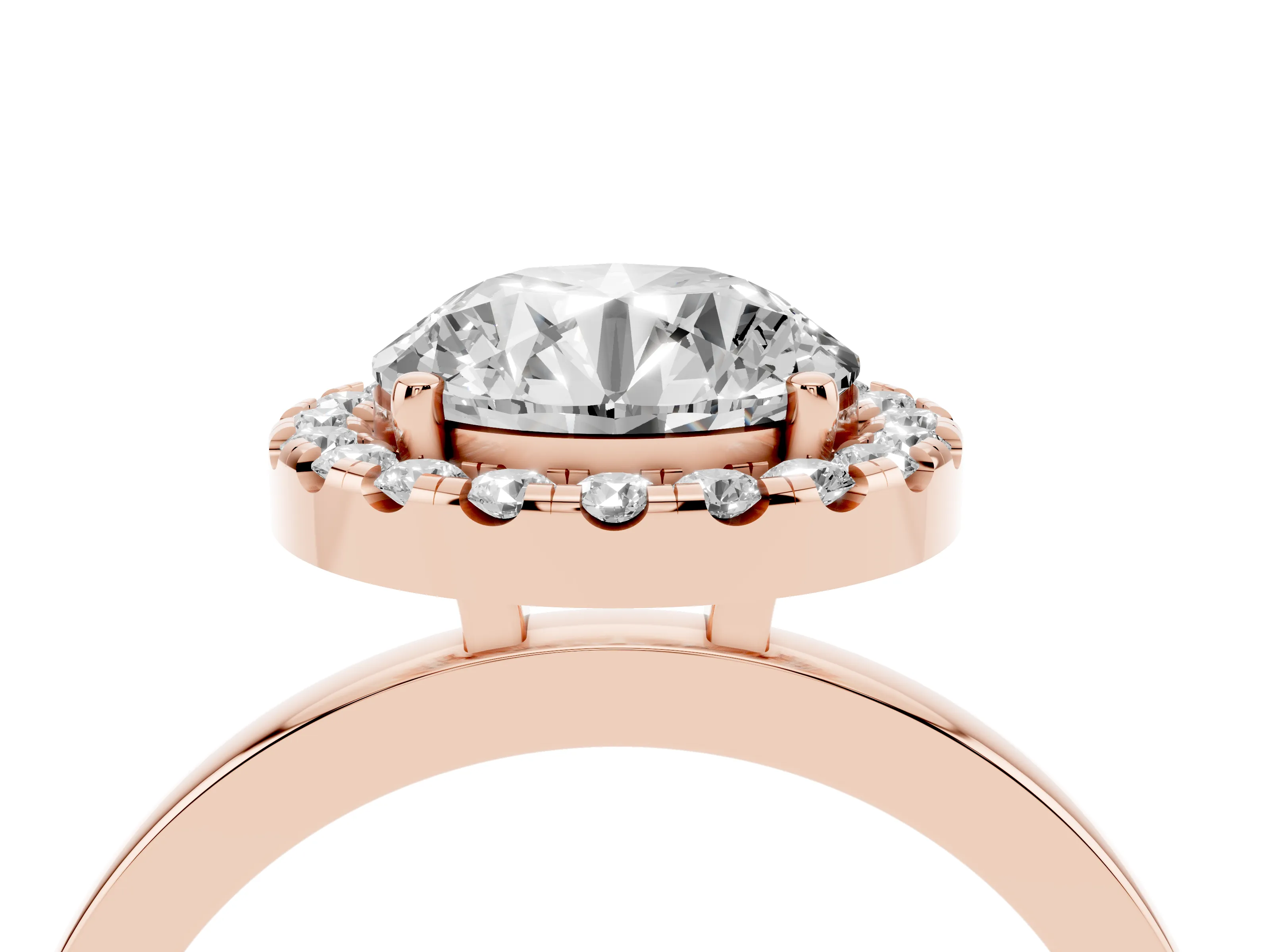 Round Cut Diamond Halo Solitaire Ring Set in Rose gold with Pavé Band and Prong Setting