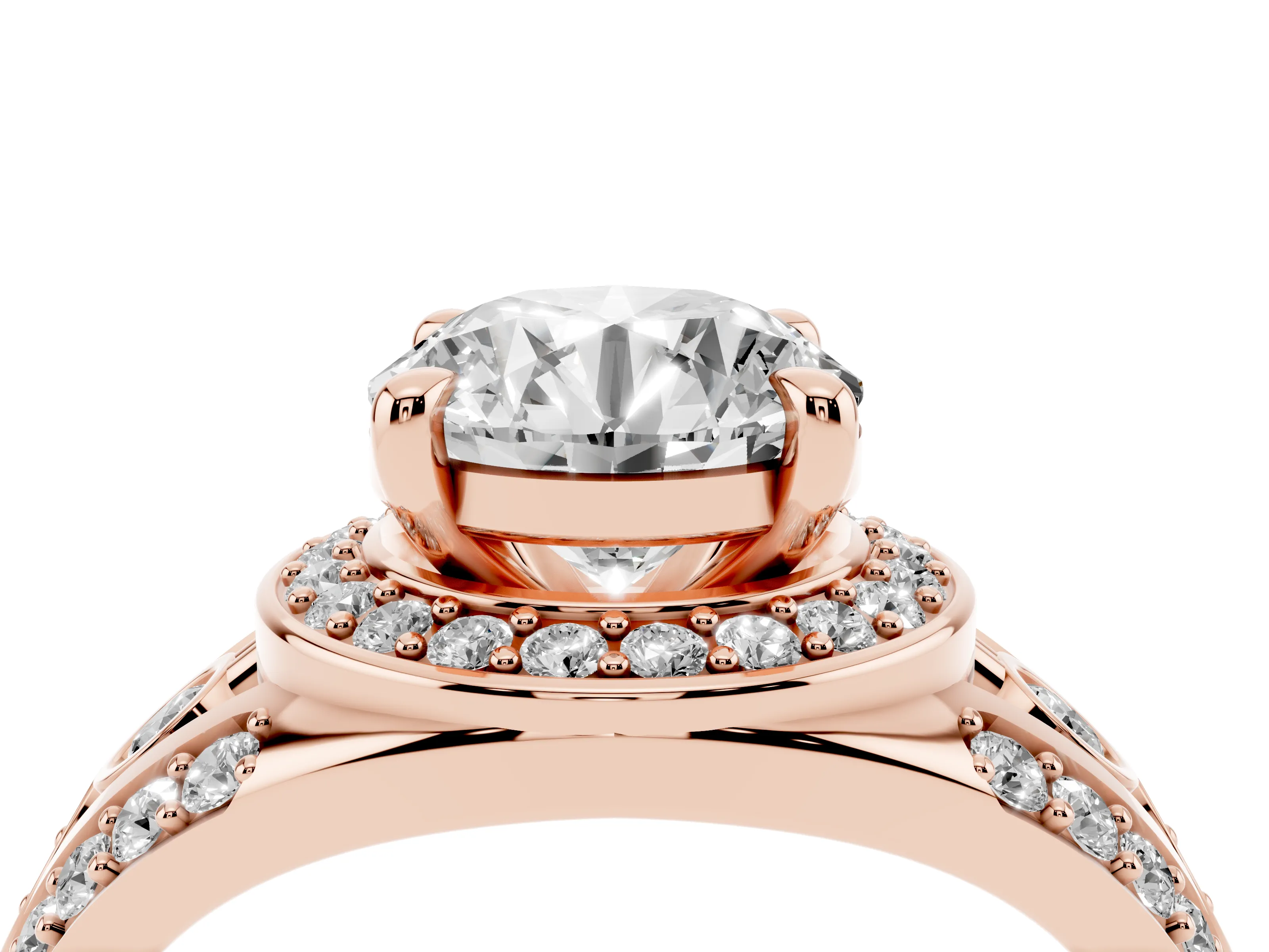 Round Cut Diamond Halo Ring Set in Rose gold with Pavé Split Shank and Bezel Accents