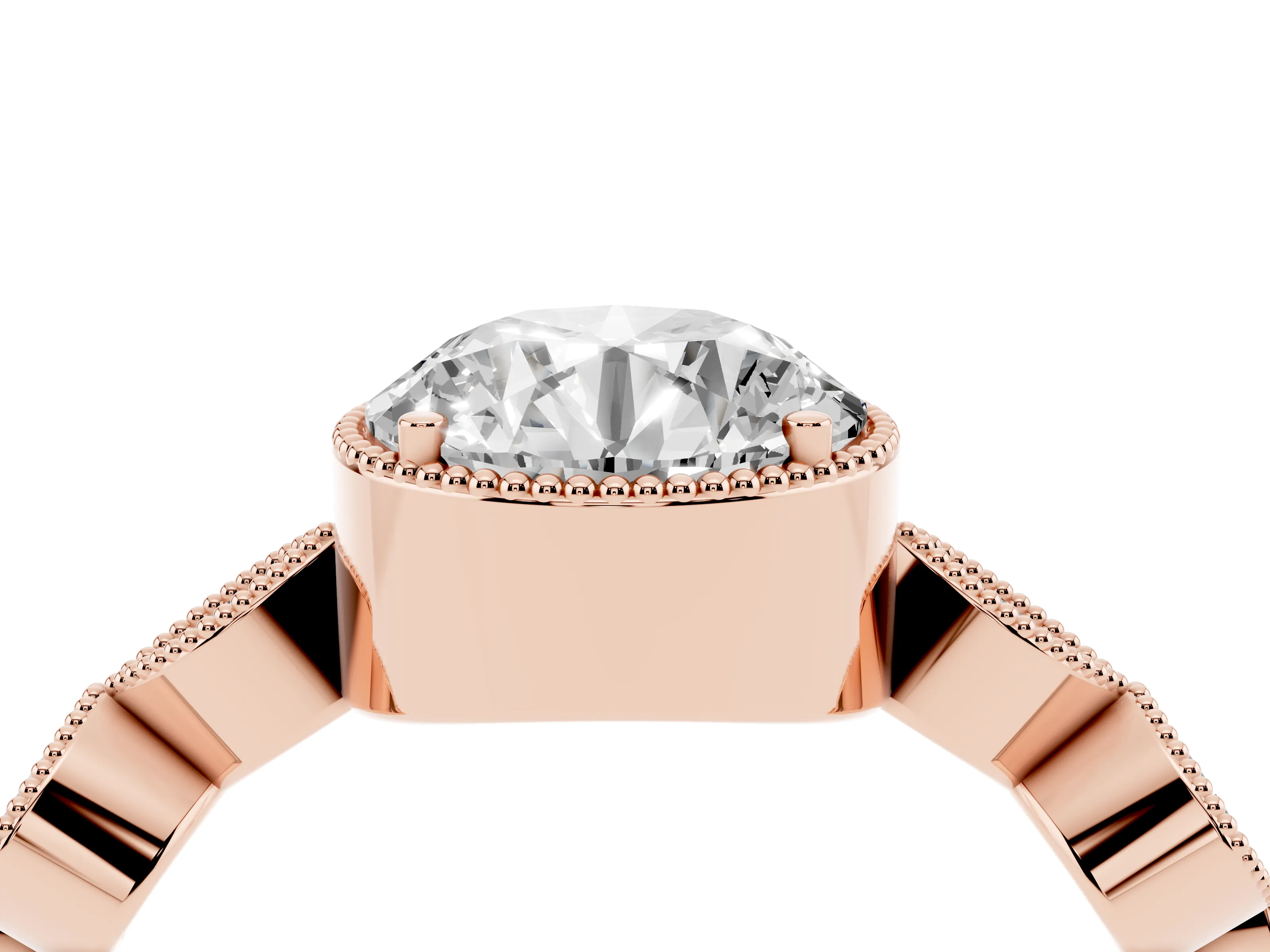 Round Cut Diamond Vintage-Inspired Milgrain Ring Set in Rose gold with Marquise Stations of Round Accents