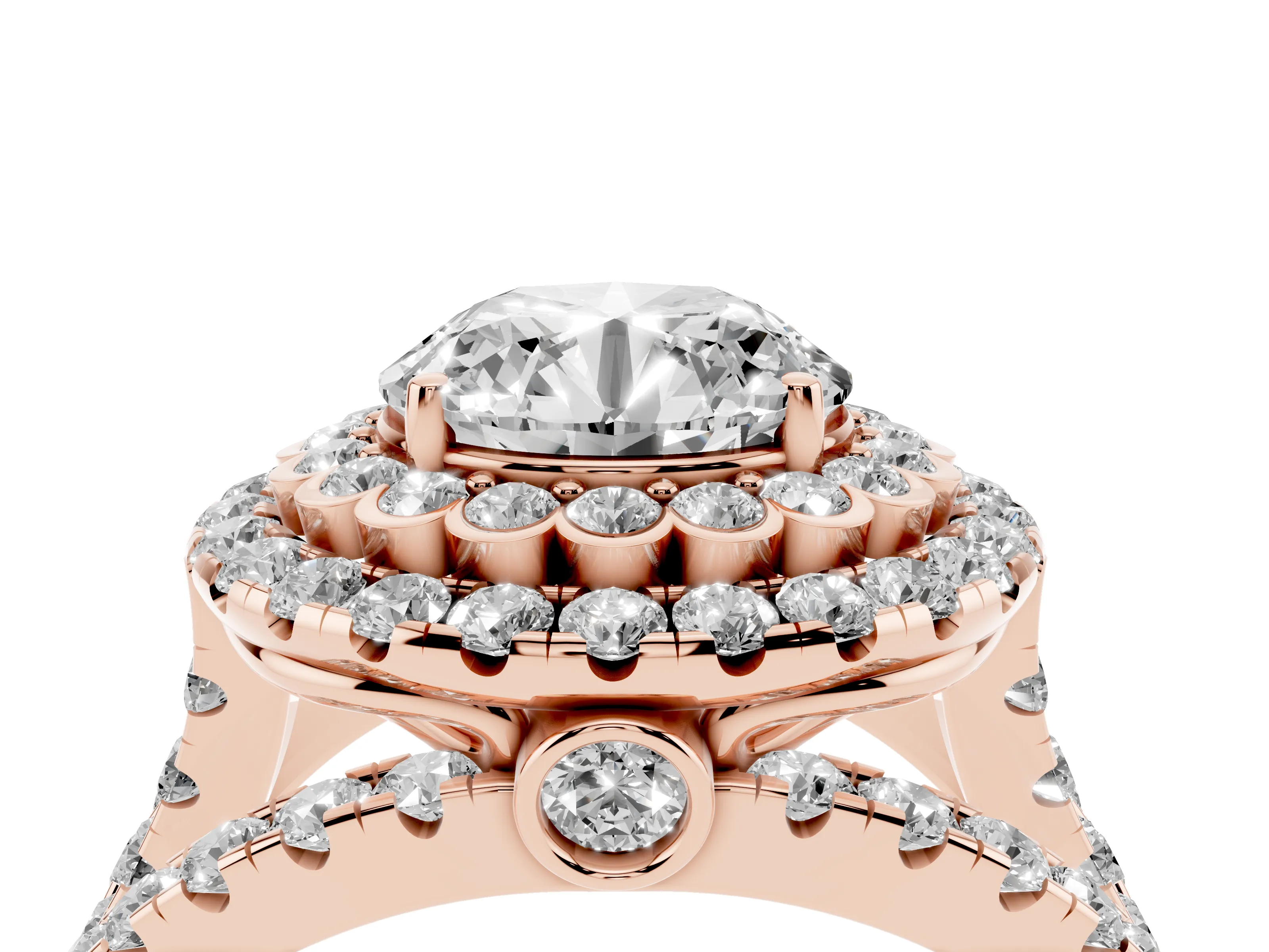 Round Cut Diamond Double Halo Ring Set in Rose gold with Round Pavé Split Shank