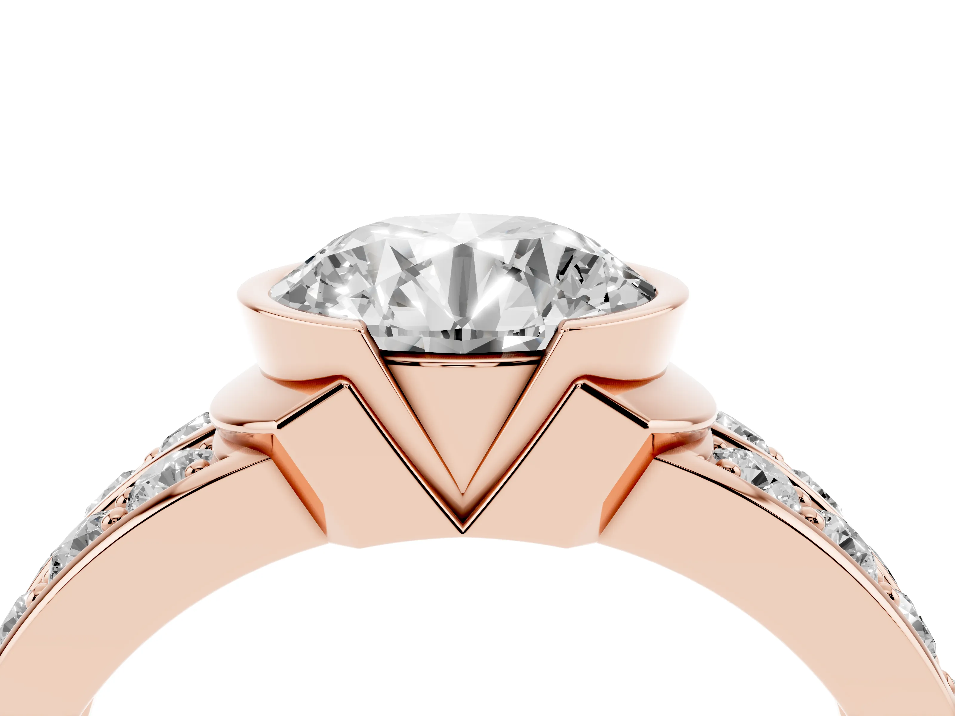 Round Cut Diamond Wide Channel Set Band Ring Set in Rose gold with Bezel Setting