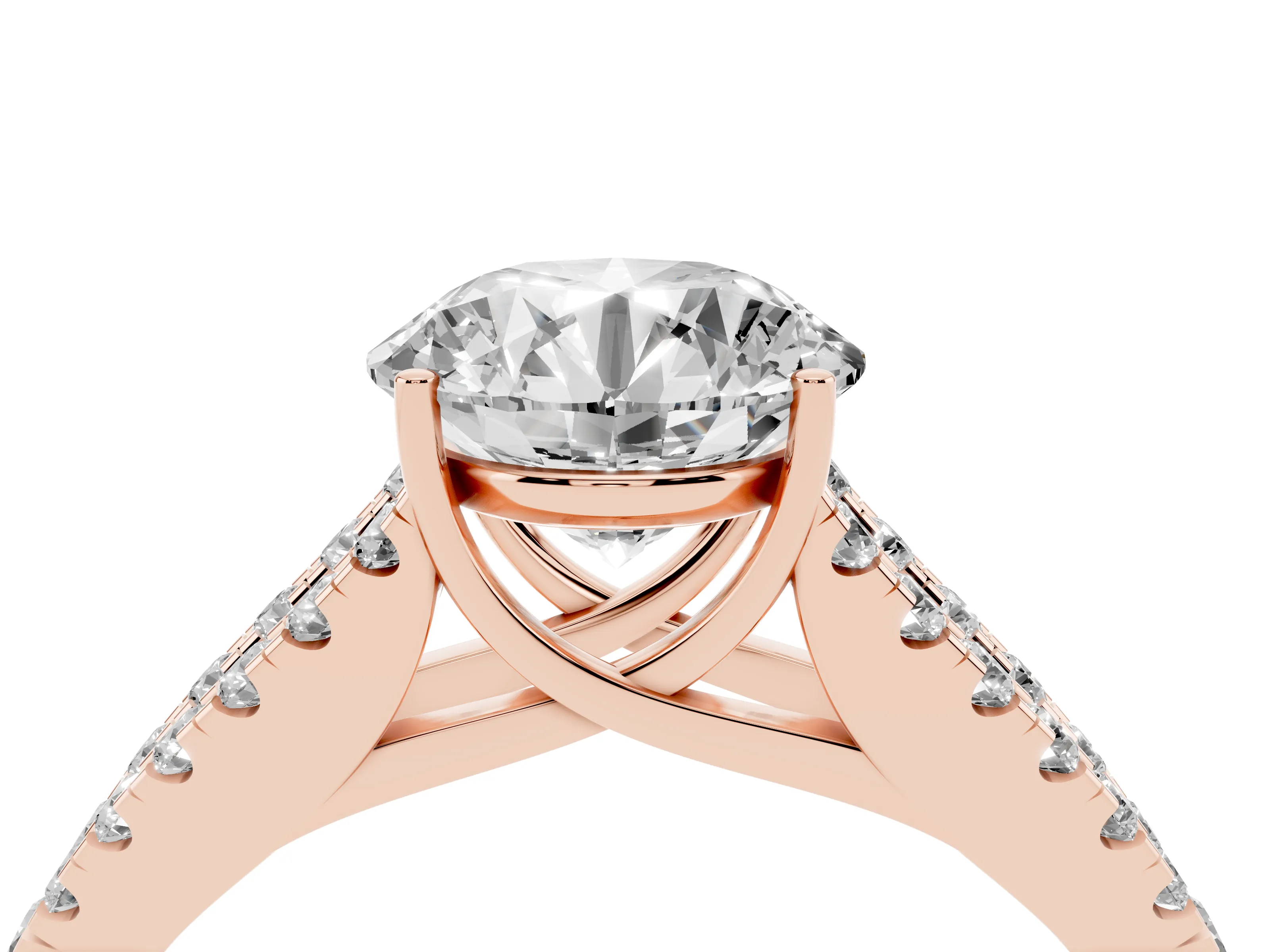 Round Cut Diamond Split Shank Pavé Engagement Ring Set in Rose gold with Prong-Held Center Stone