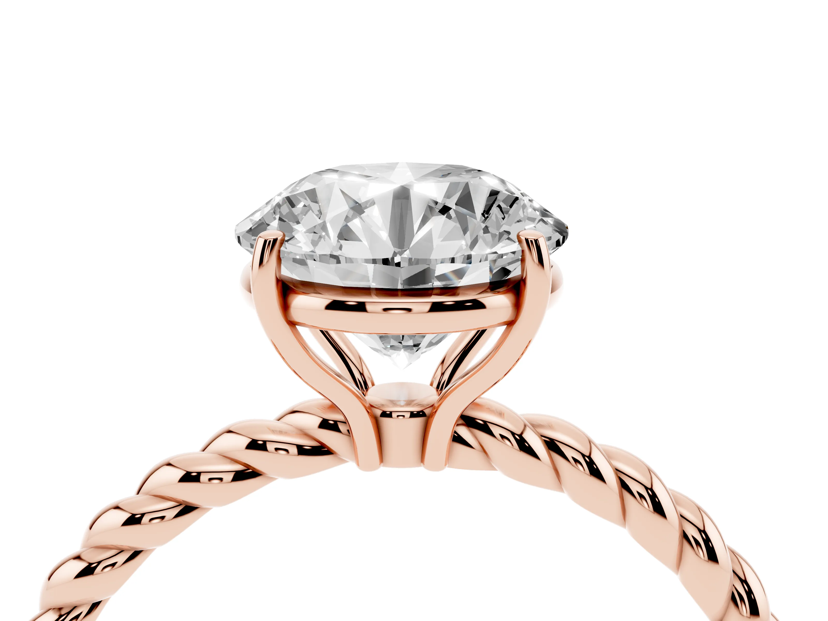 Round Cut Diamond Solitaire Ring Set in Rose gold with Twist Band and Prong Setting