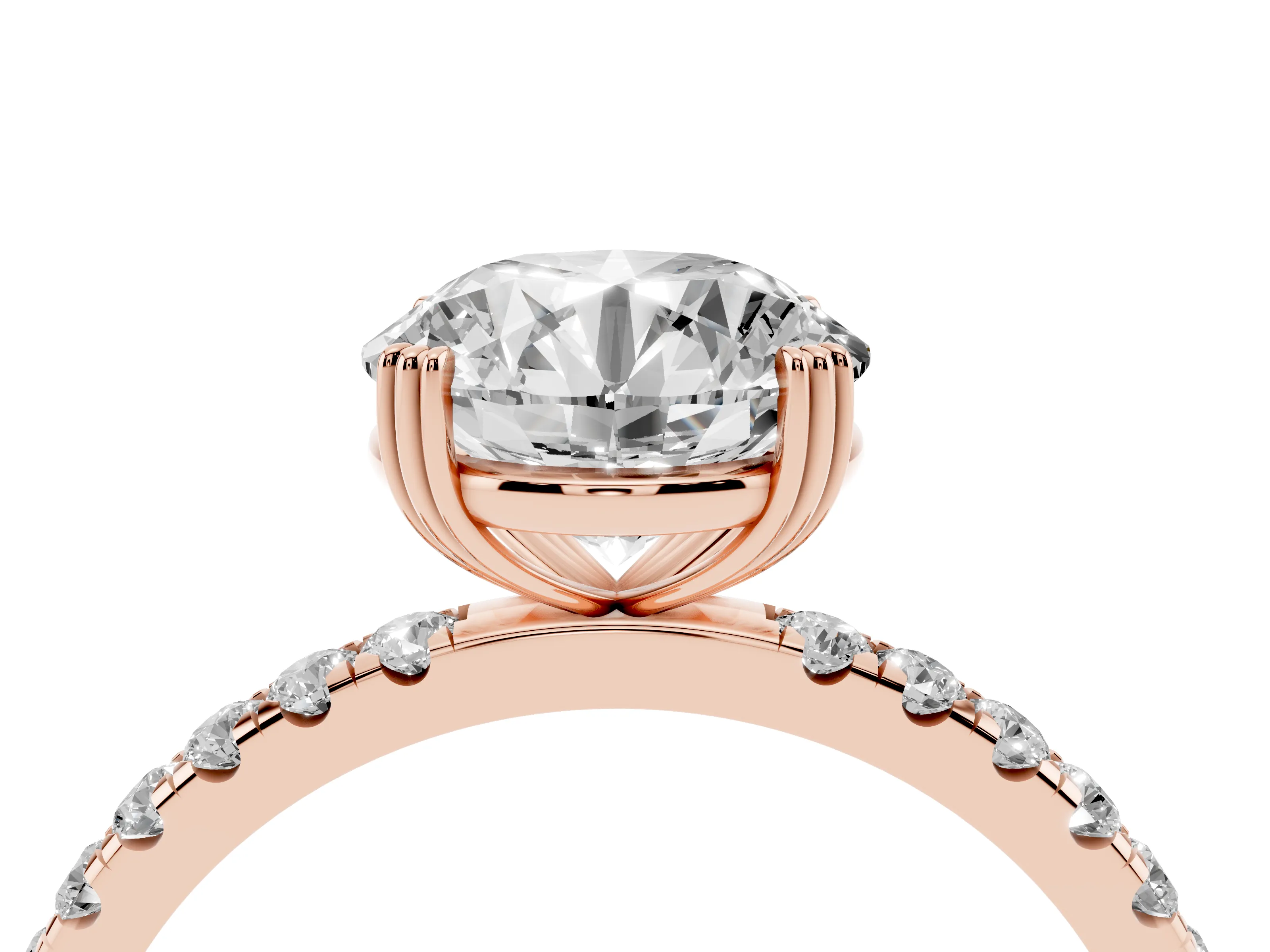 Round Cut Diamond Brilliant Solitaire Set in Rose gold with Pavé Band and Claw Prong Setting
