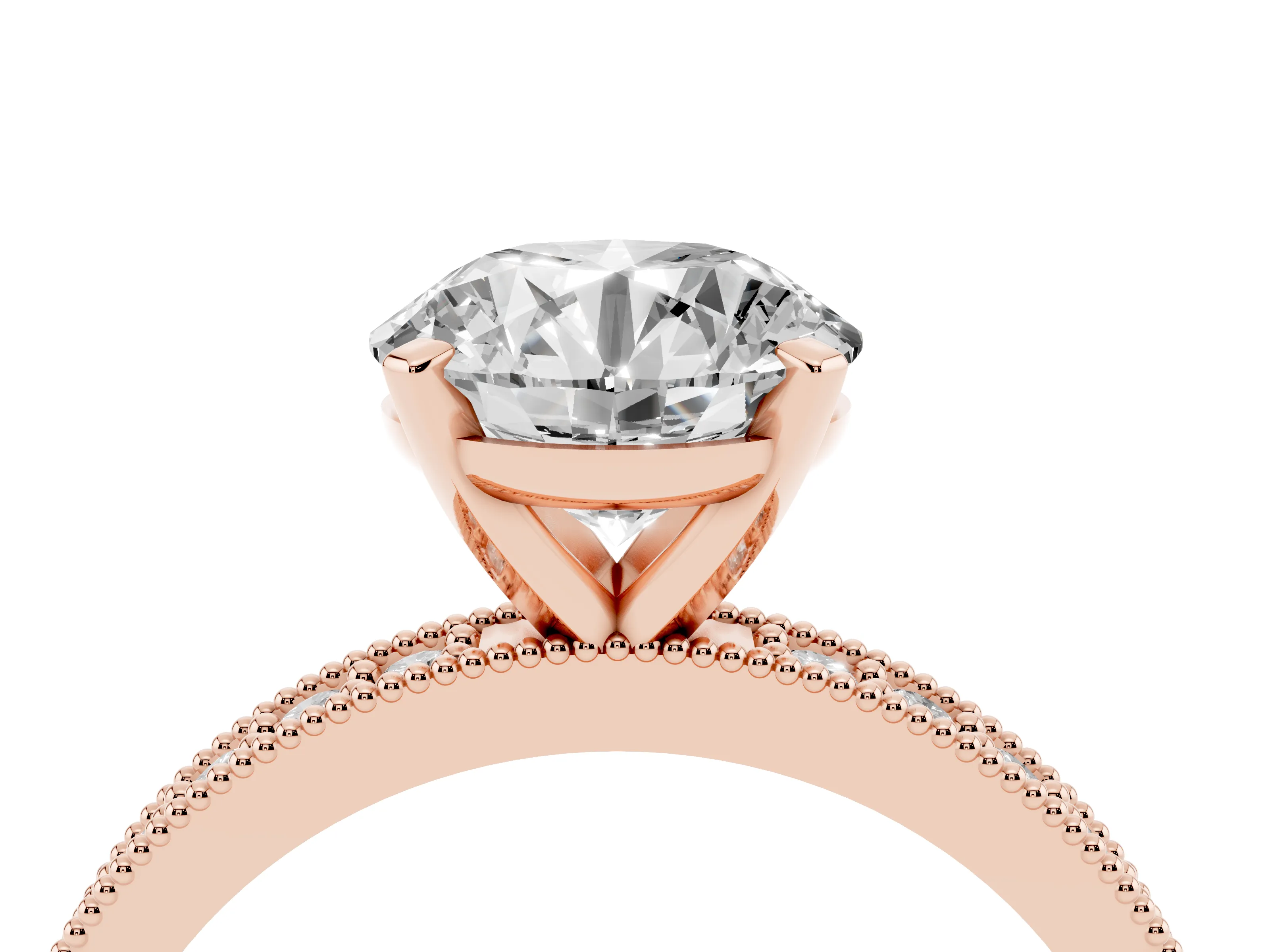 Round Cut Diamond Milgrain Pavé Engagement Ring Set in Rose gold with Prong Setting