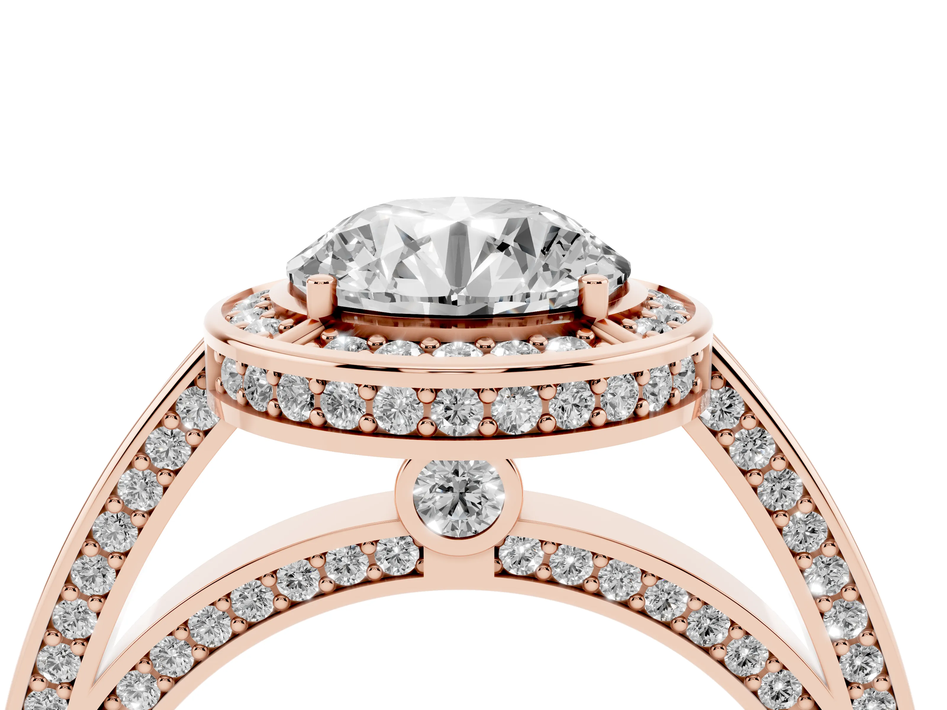 Round Cut Diamond Halo Pavé Split Shank Ring Set in Rose gold with Prong Setting