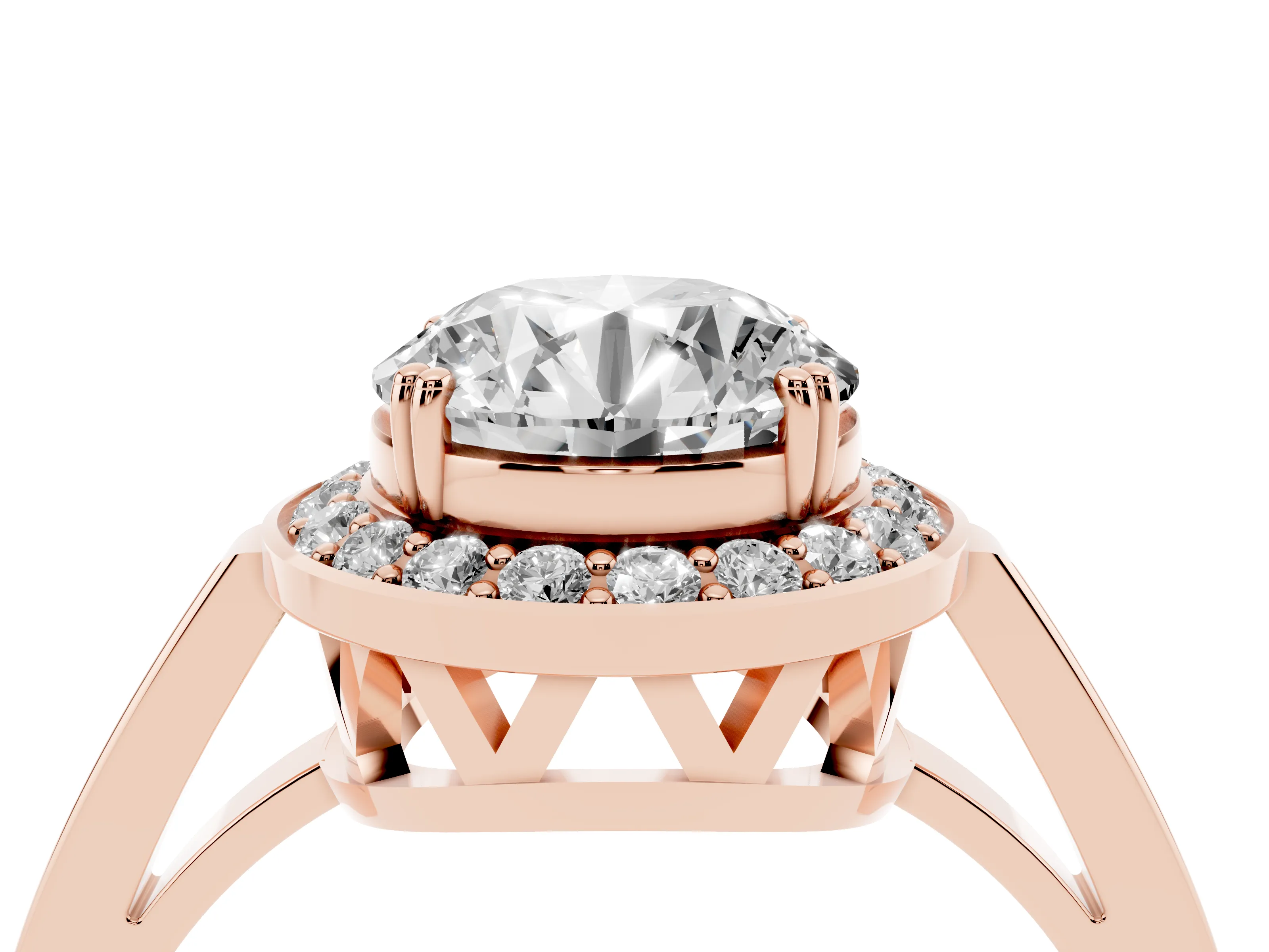 Round Cut Diamond Halo Ring Set in Rose gold with Accent-Lined Split Shank and Prong Setting
