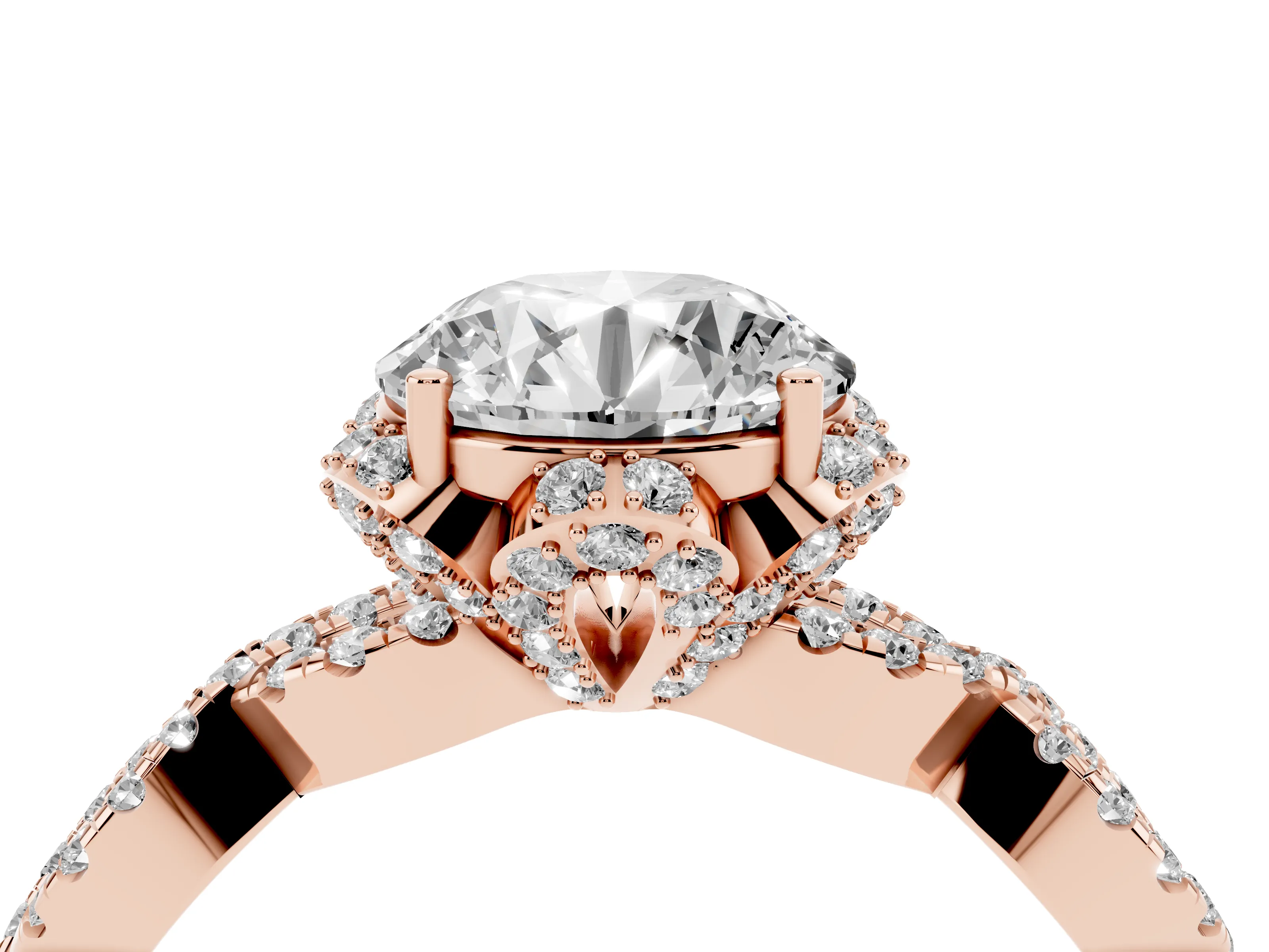 Round Cut Diamond Halo Twist Band Solitaire Ring Set in Rose gold with Prong-Set Center Stone