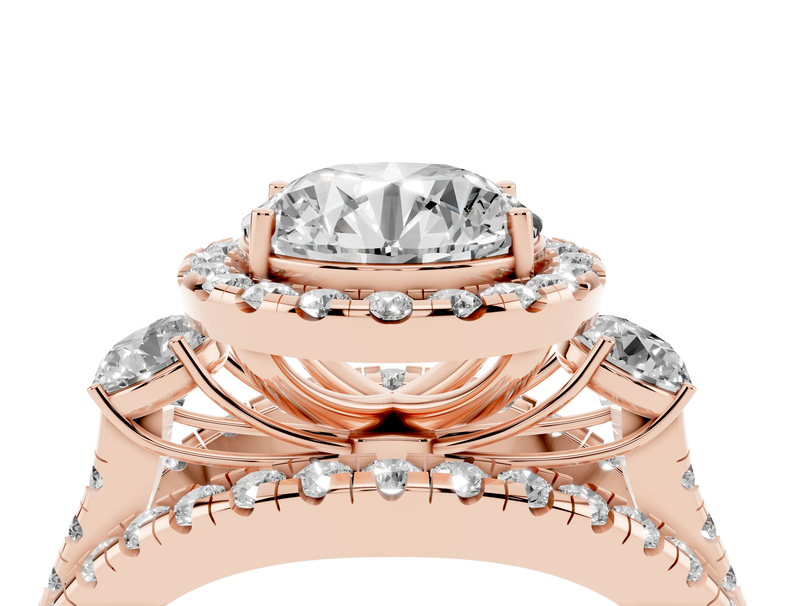 Round Cut Diamond Halo Split Shank Ring Set in Rose gold with Round Accent Stones and Prong Setting