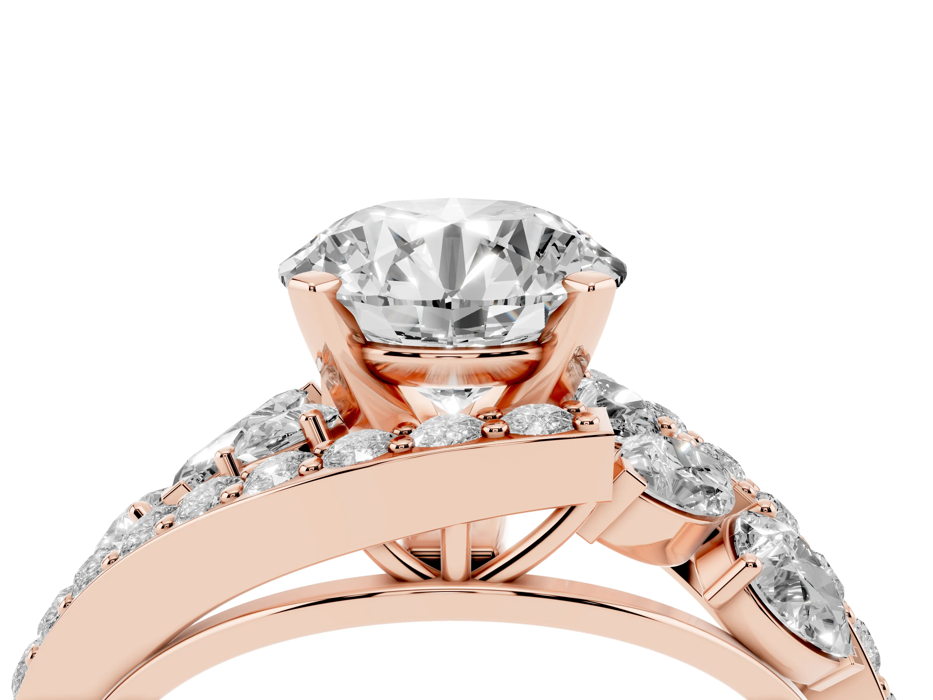 Round Cut Diamond Halo Ring Set in Rose gold with Marquise and Pavé Band in Prong Setting