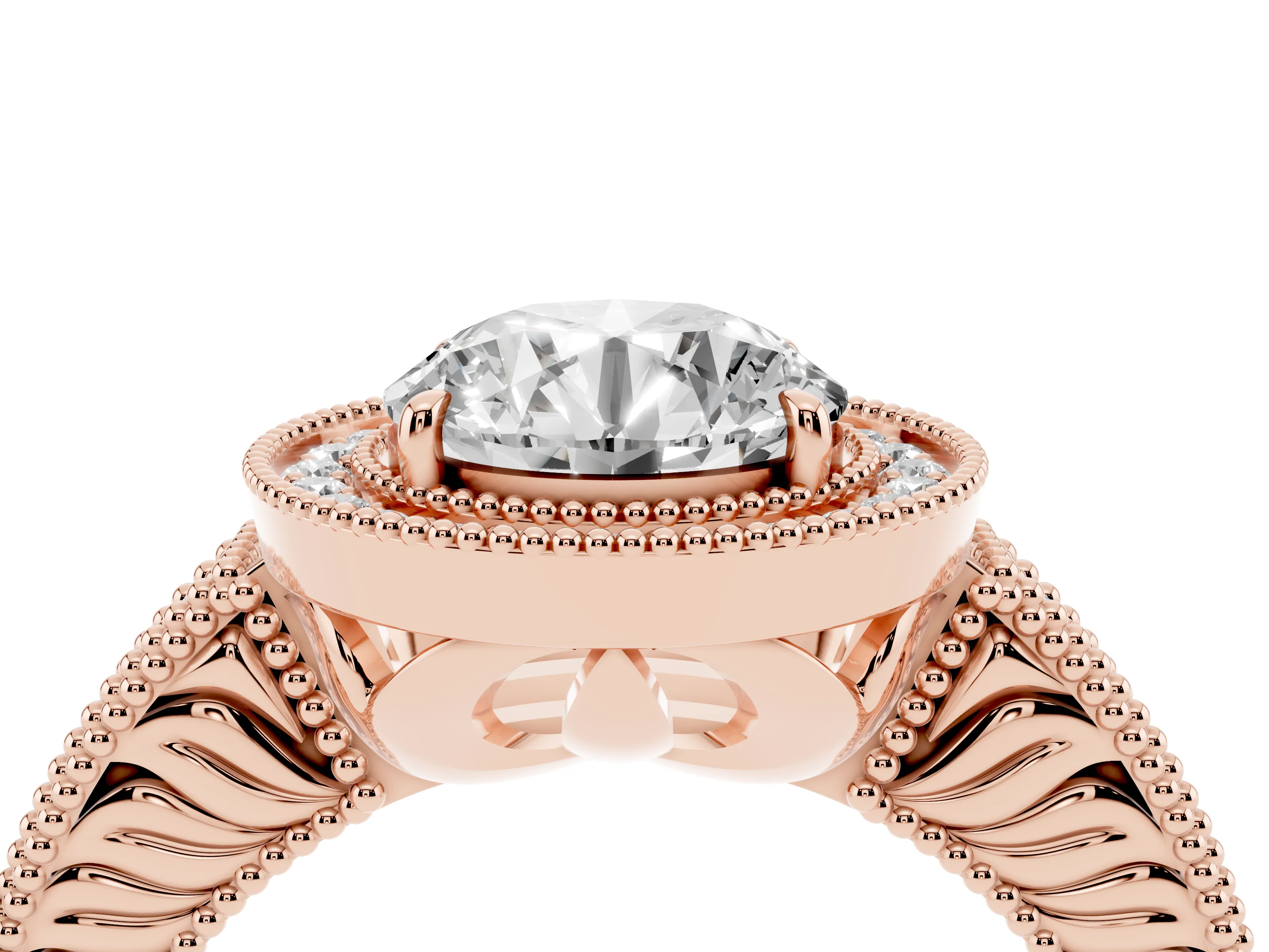 Round Cut Diamond Halo Ring Set in Rose gold with Round Accent Halo, Pavé Band and Prong Setting
