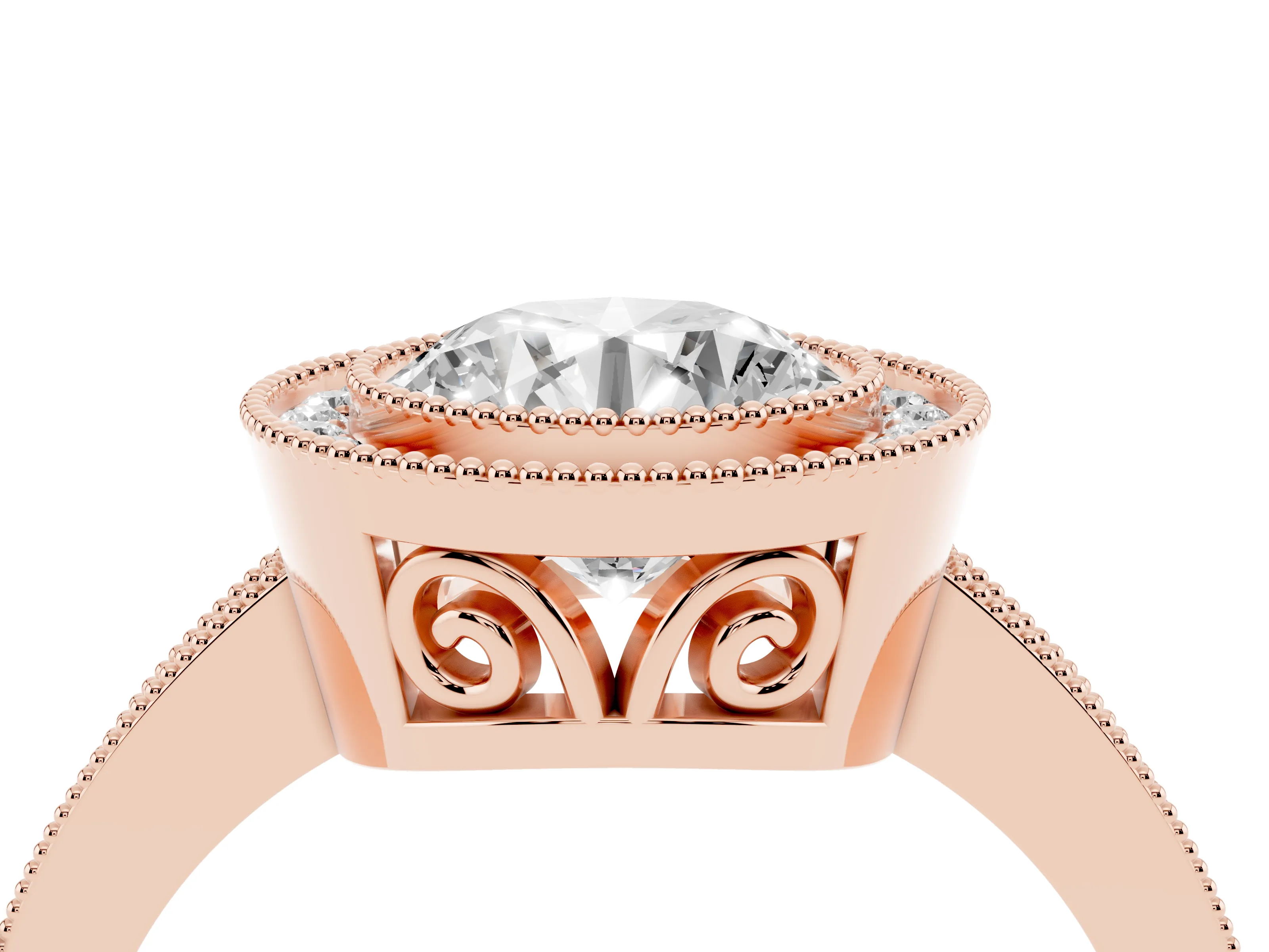 Round Cut Diamond Halo Ring Set in Rose gold with Pavé Band and Milgrain-Edged Prongs