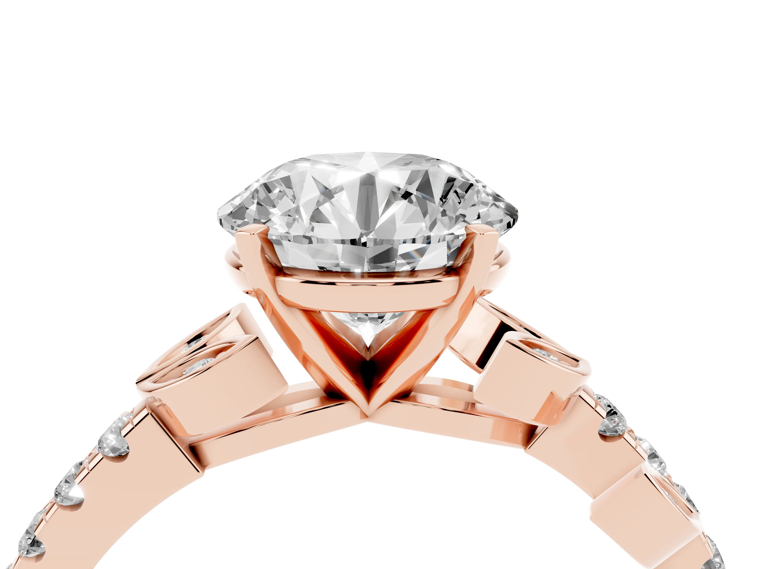 Round Cut Diamond Solitaire Leaf-Inspired Ring Set in Rose gold with Pavé Band and Prong Setting