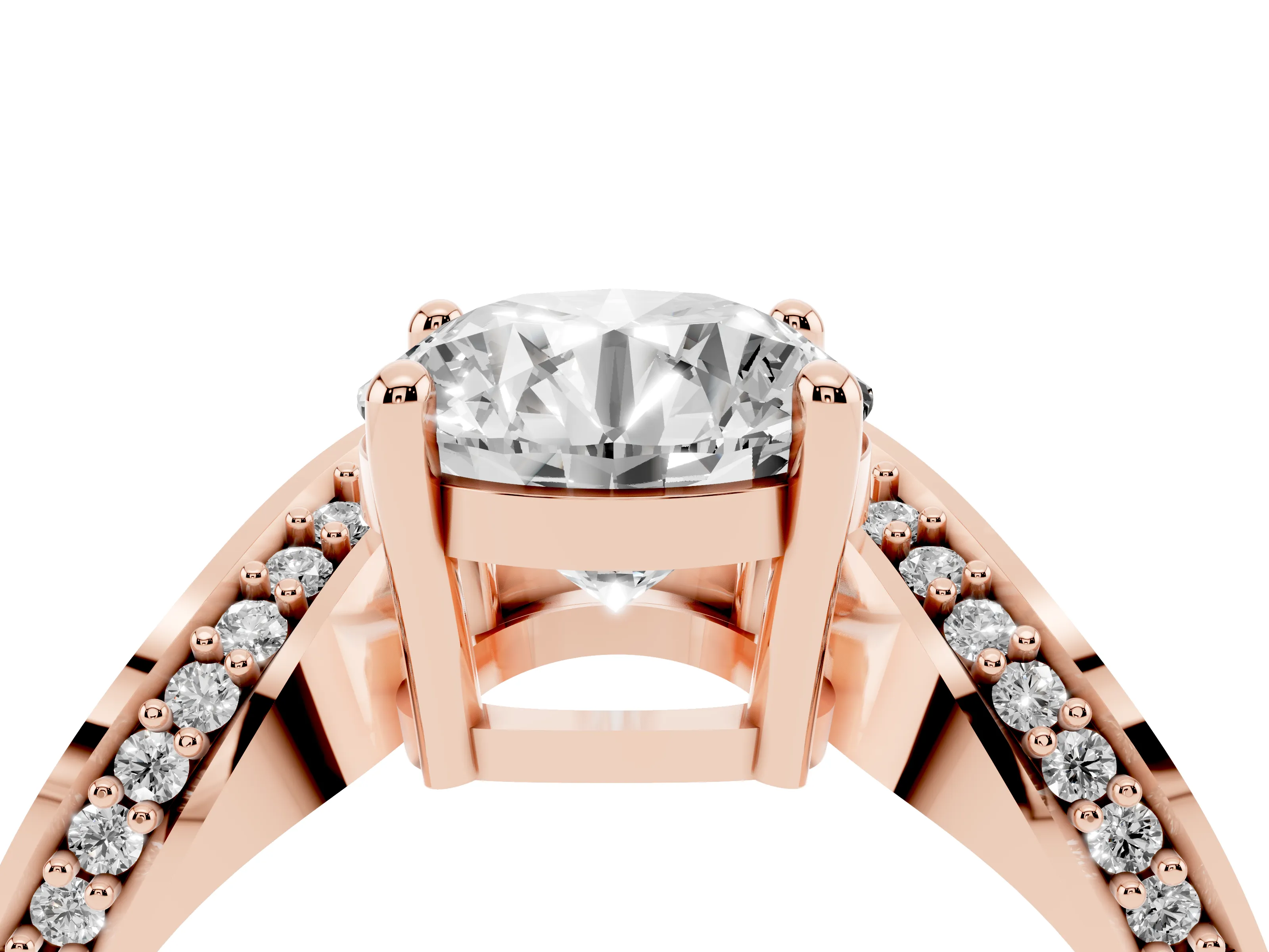 Round Cut Diamond Solitaire Engagement Ring Set in Rose gold with Pavé Shoulders