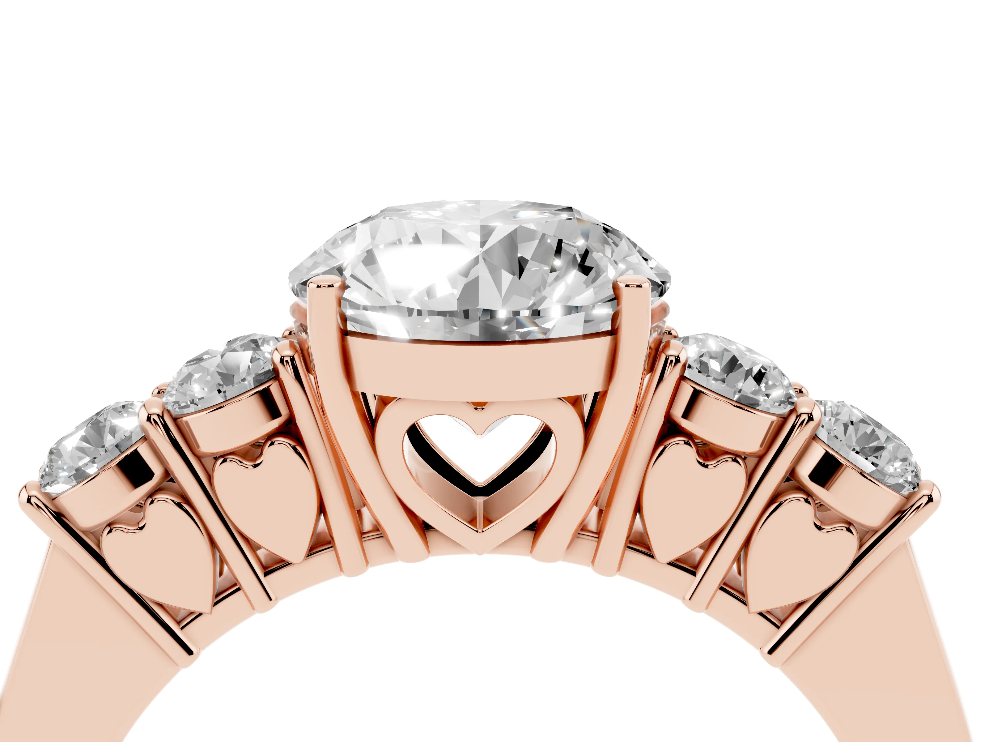 Round Cut Diamond Five-Stone Prong Set Band Ring Set in Rose gold with Polished Band