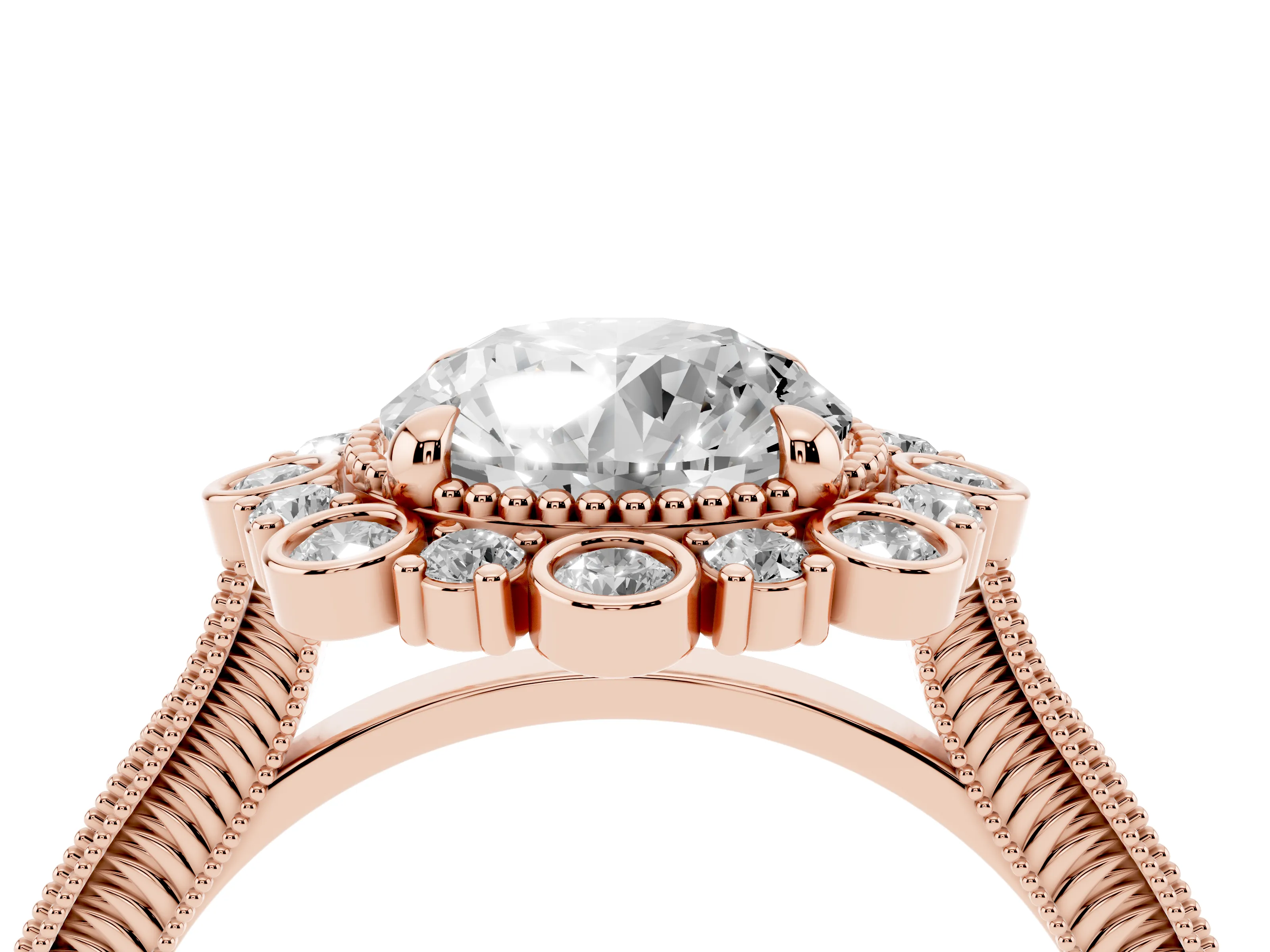 Round Cut Diamond Halo Milgrain Pavé Ring Set in Rose gold with Prong Setting