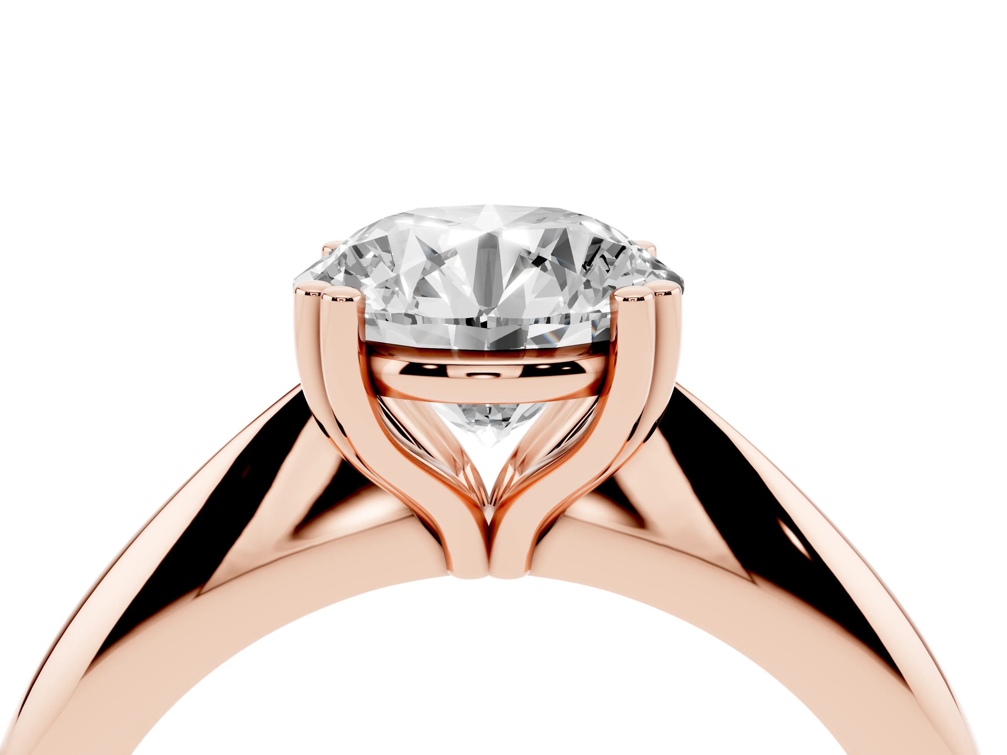 Round Cut Diamond Solitaire Engagement Ring Set in Rose gold with Tapered Band and Prong Setting