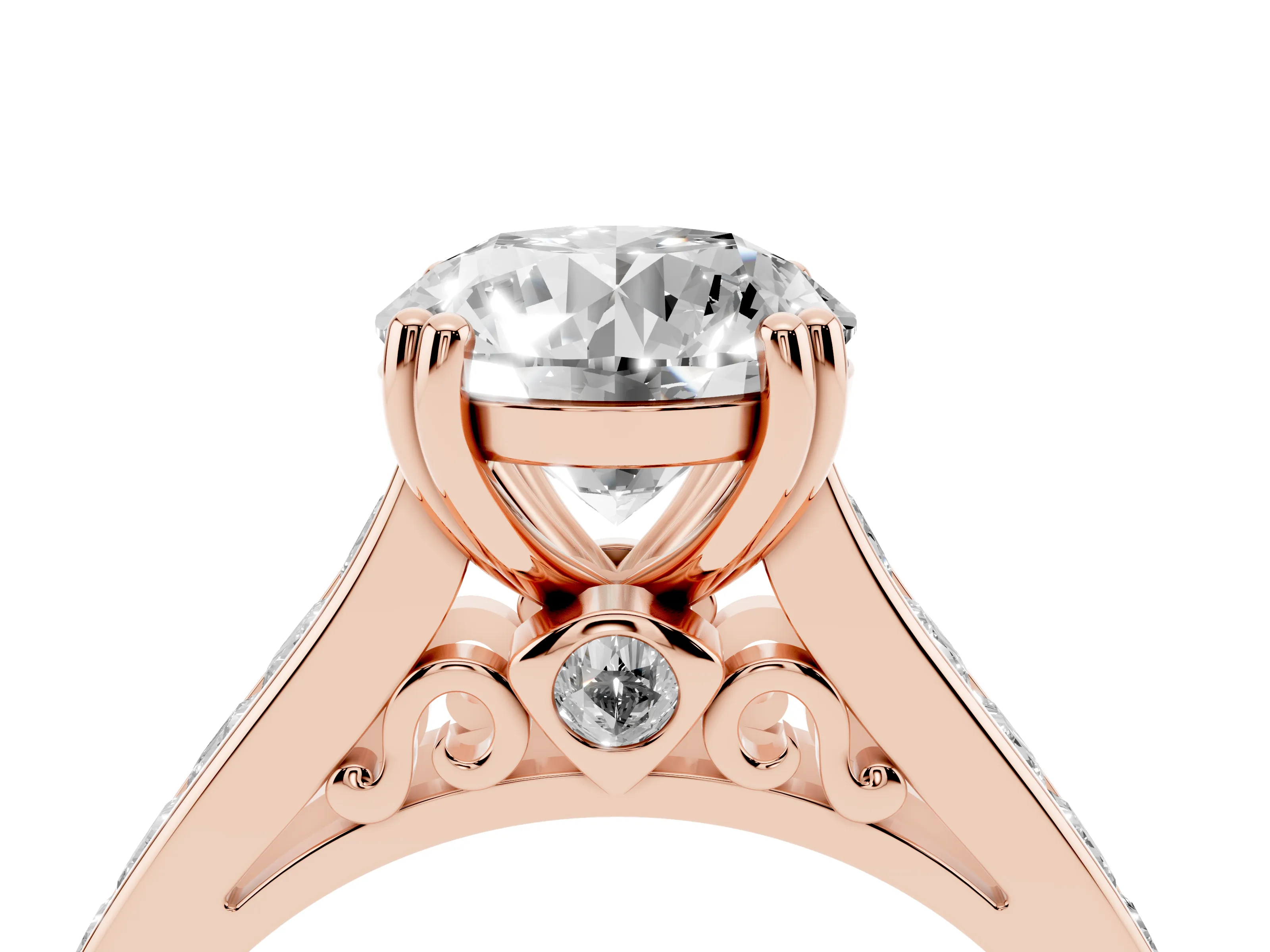 Round Cut Diamond Channel Set Solitaire Engagement Ring Set in Rose gold with Prong Setting