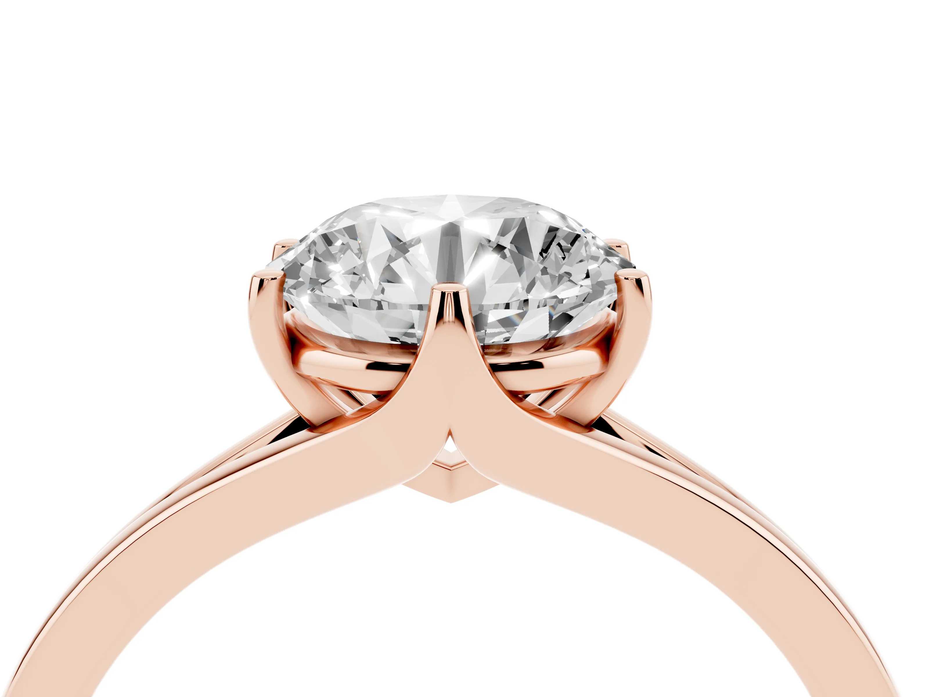 Round Cut Diamond Solitaire Ring Set in Rose gold with Polished Tapered Band and Prong Setting