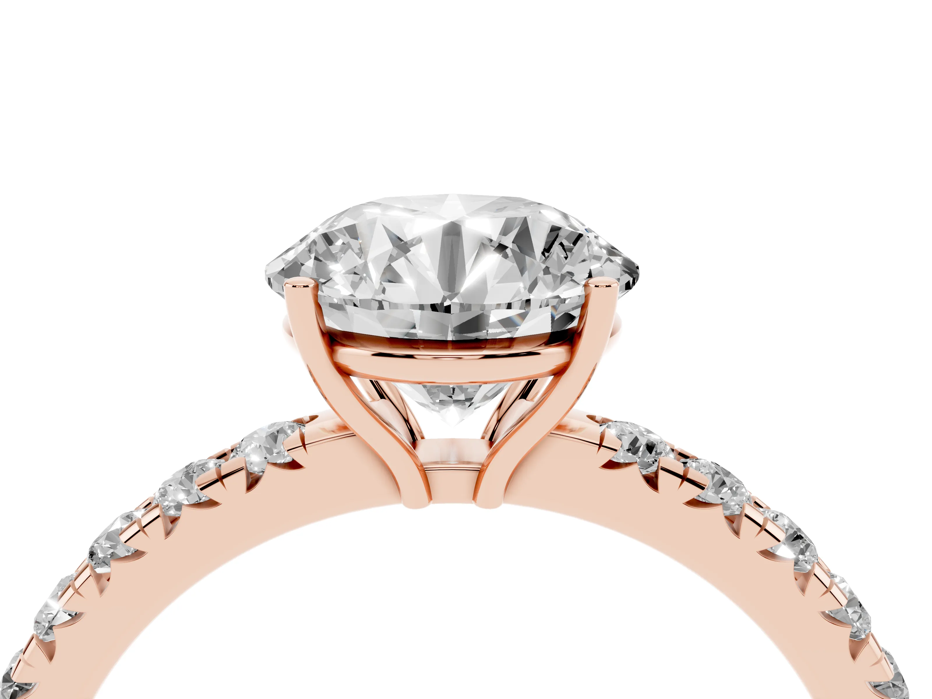 Round Cut Diamond Pavé Solitaire Engagement Ring Set in Rose gold with Prong Setting