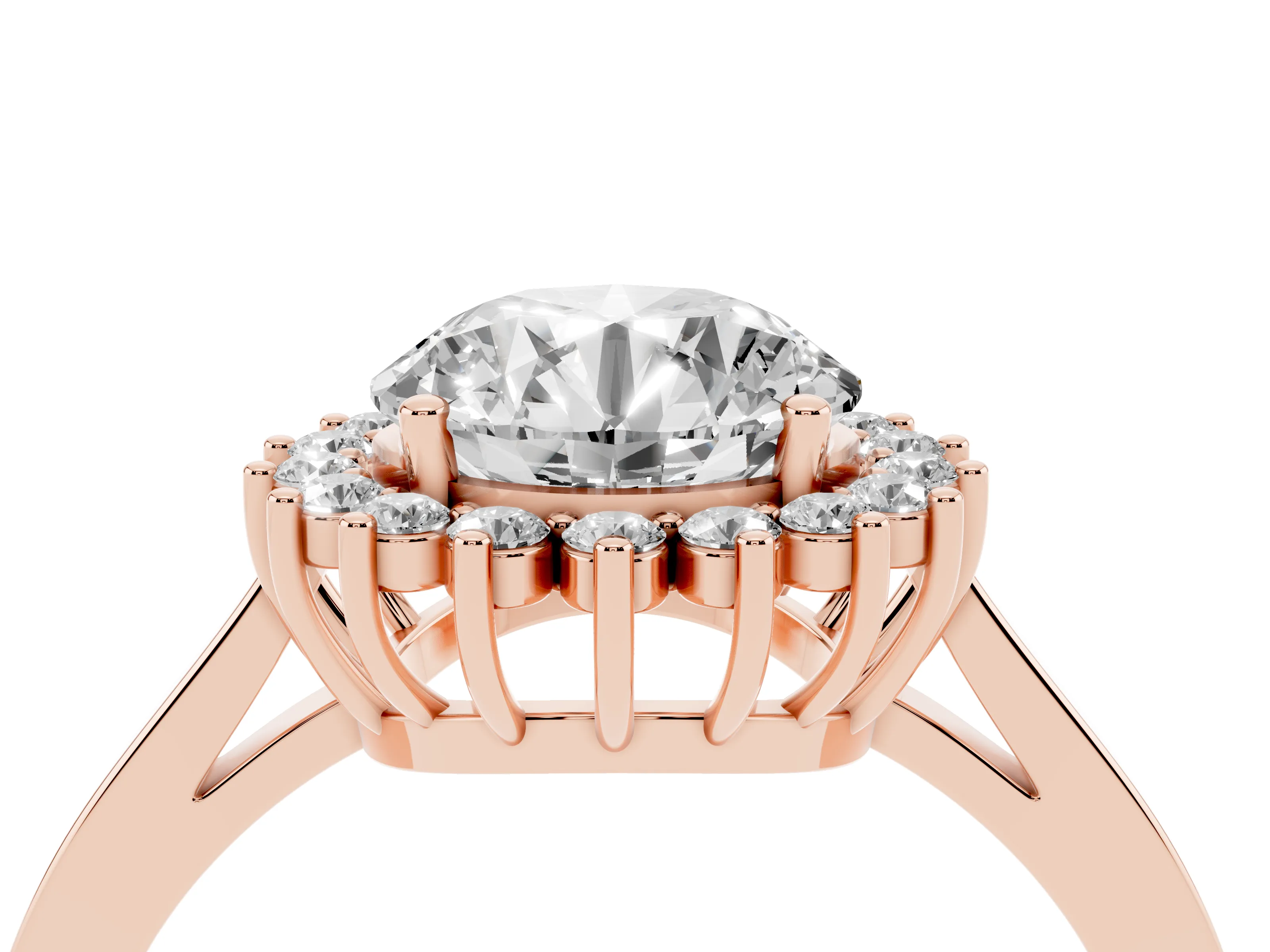 Round Cut Diamond Halo Ring Set in Rose gold with Round Halo and Smooth Solitaire Band