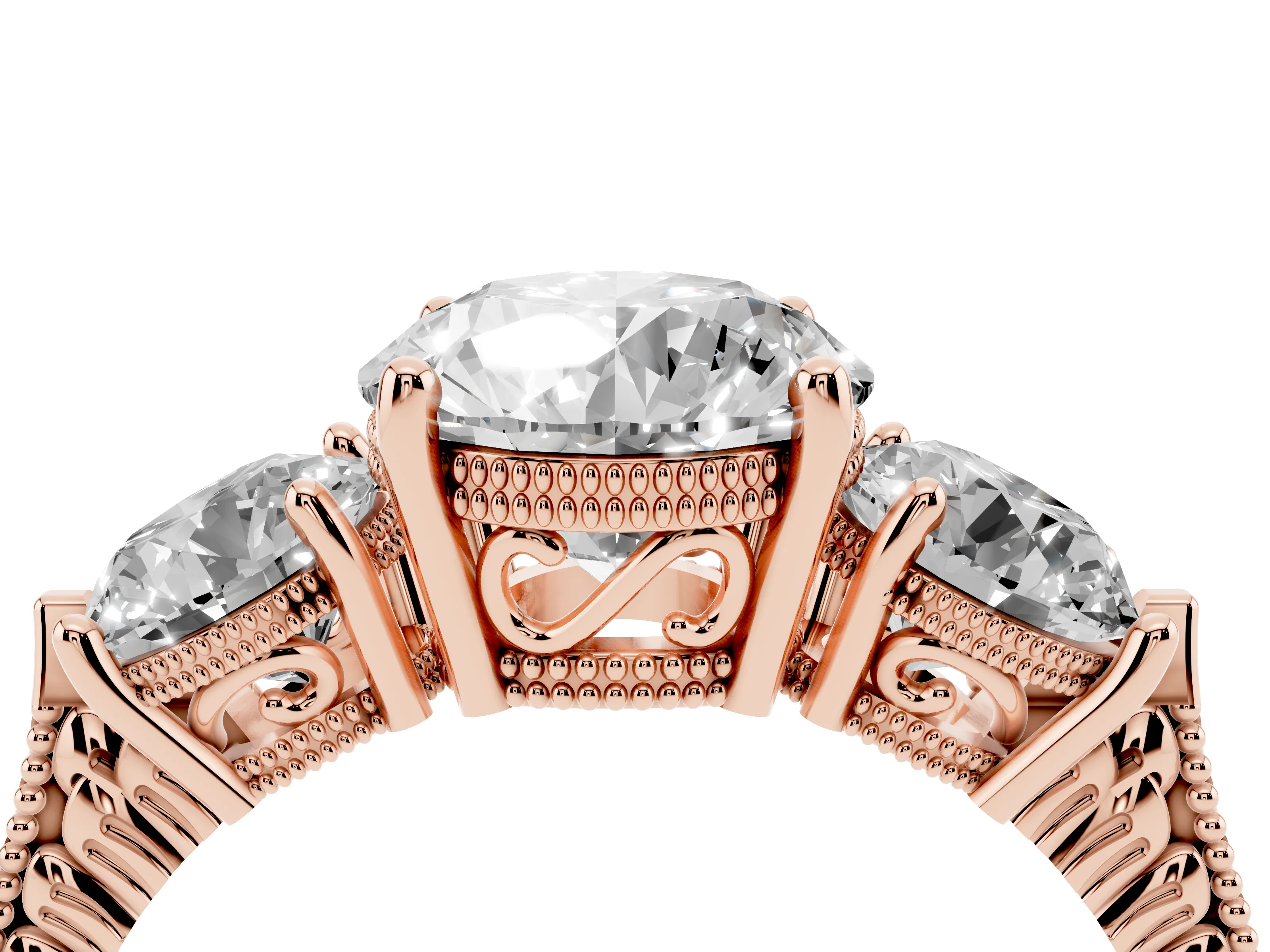 Round Cut Diamond Three-Stone Ring Set in Rose gold with Milgrain Band