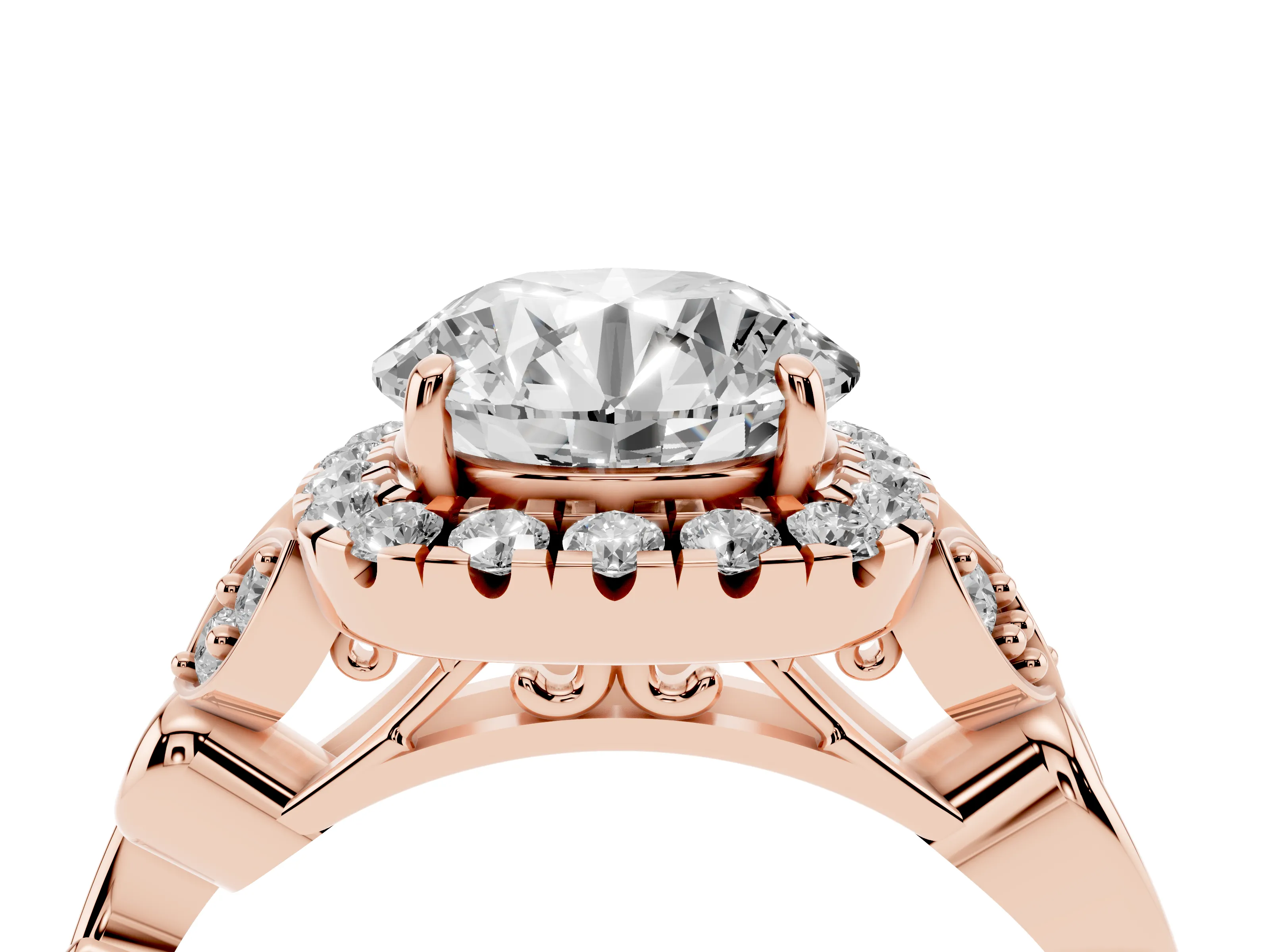 Round Cut Diamond Halo Engagement Ring Set in Rose gold with Vintage-Inspired Band and Prong Setting