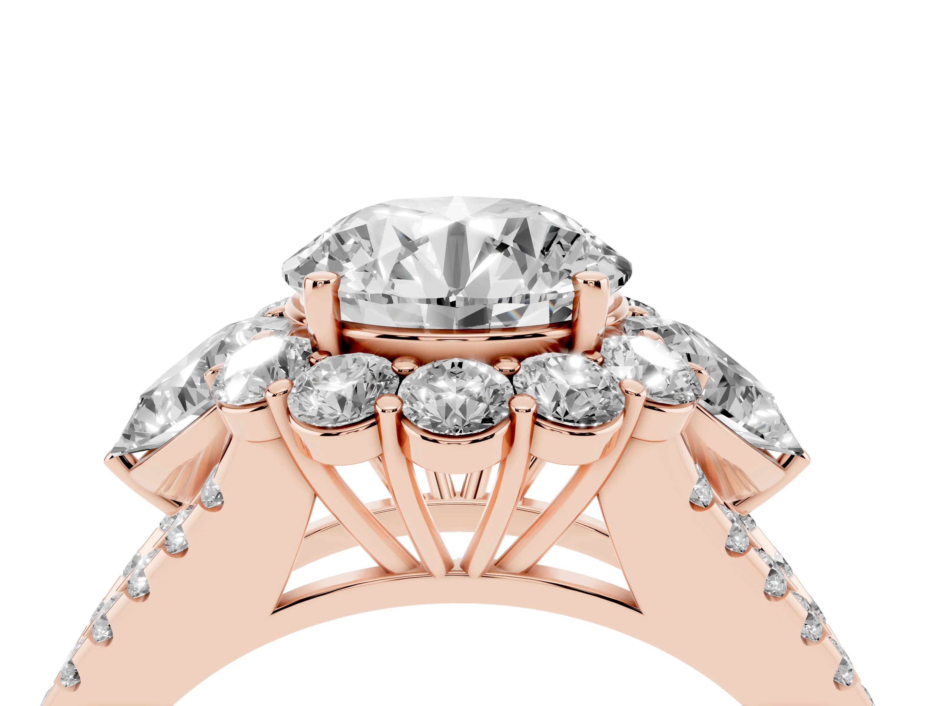 Round Cut Diamond Halo Split Shank Engagement Ring Set in Rose gold with Prong-Held Center Stone