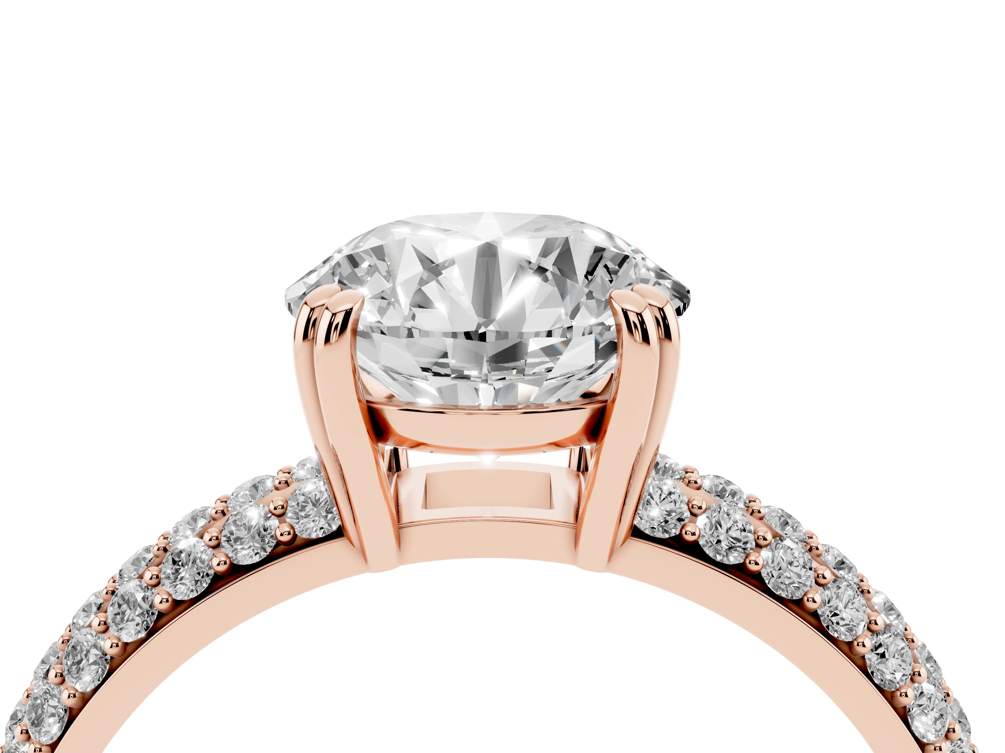 Round Cut Diamond Solitaire Ring Set in Rose gold with Multi-Row Round Pavé Band and Prong Setting