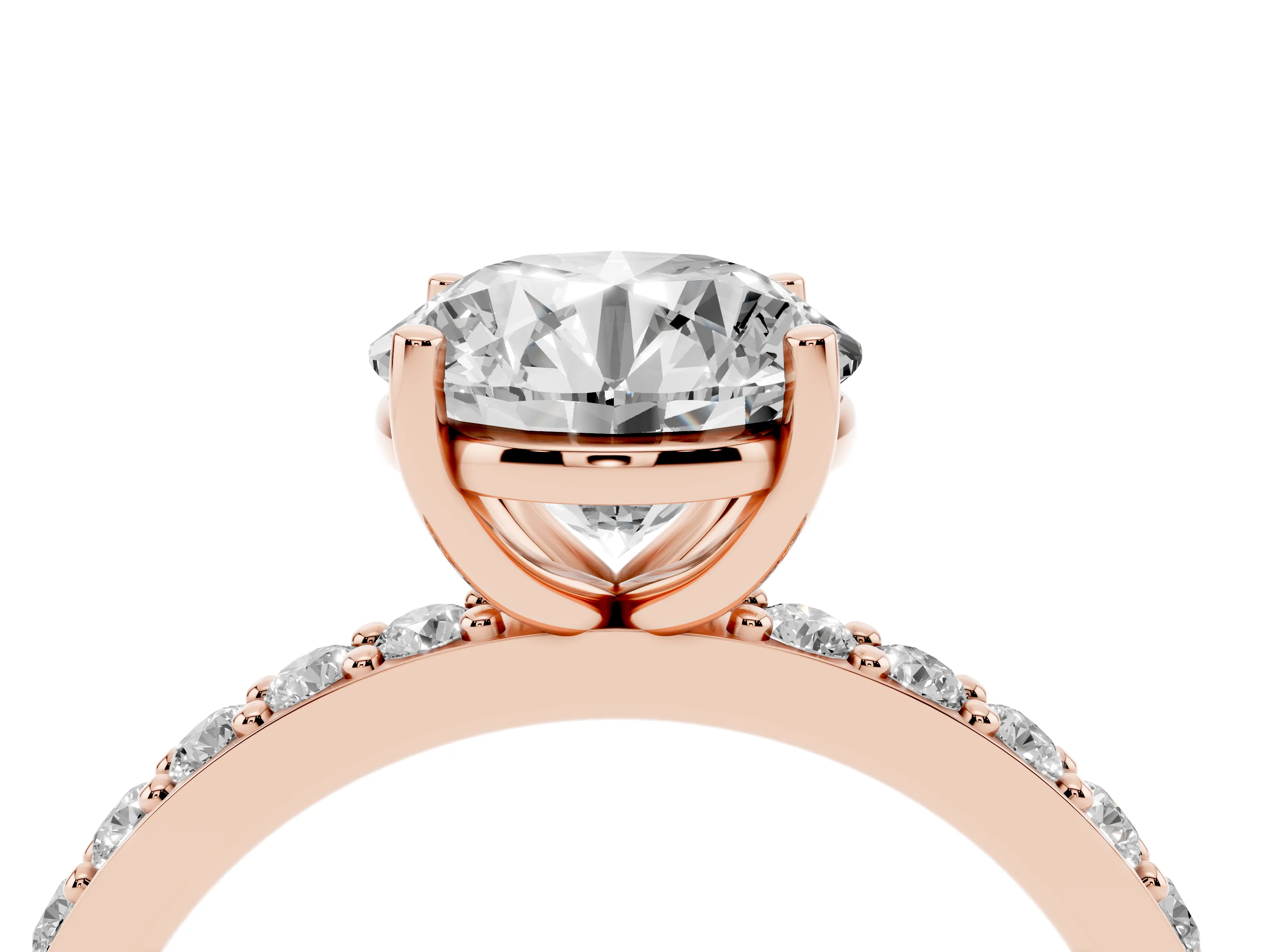 Round Cut Diamond Solitaire Set in Rose gold with Round Pavé Band and Prong Setting