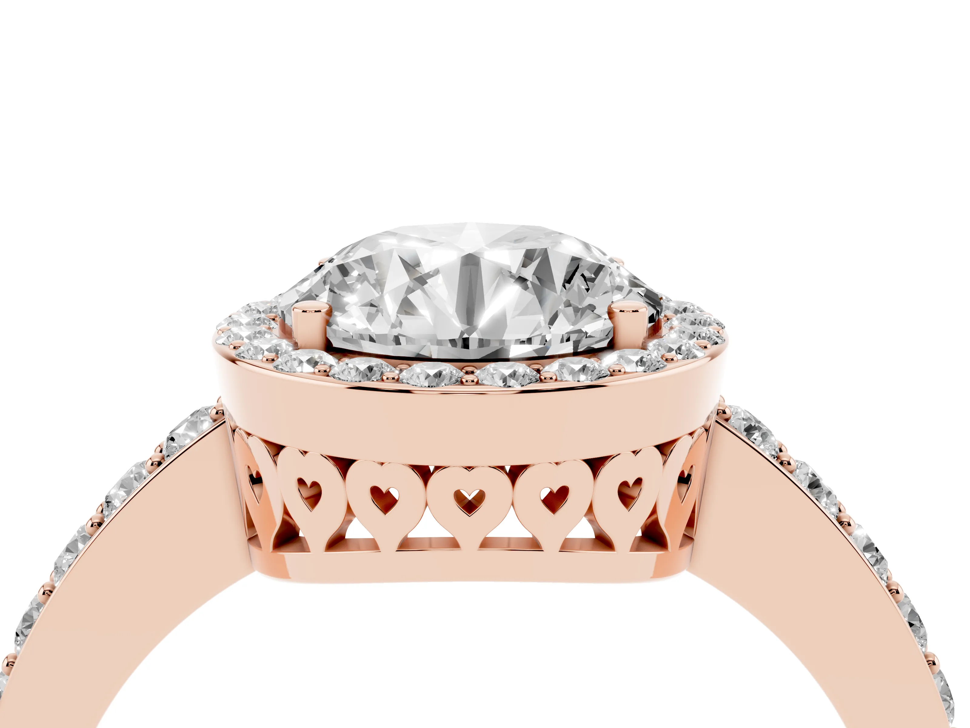 Round Cut Diamond Halo Ring Set in Rose gold with Pavé-Setting Band and Open Prong Center