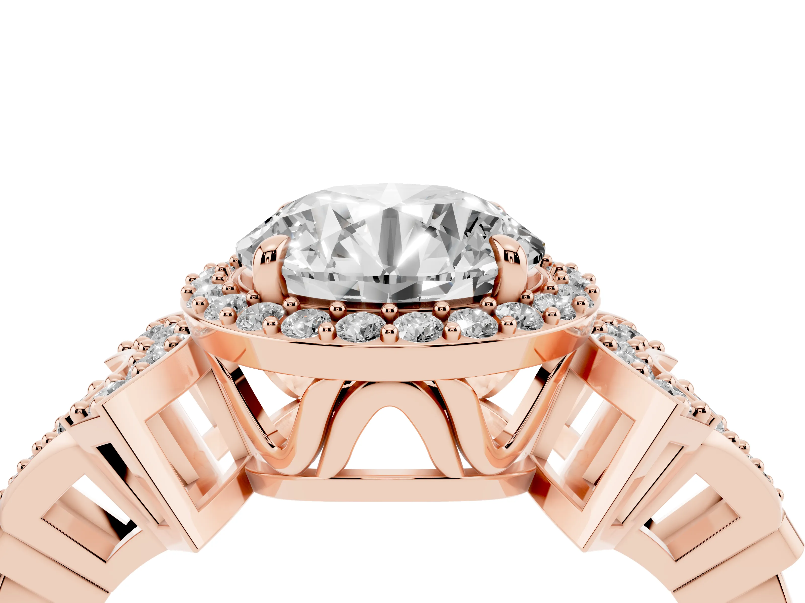 Round Cut Diamond Halo Engagement Ring Set in Rose gold with Accent Stone Split Shank