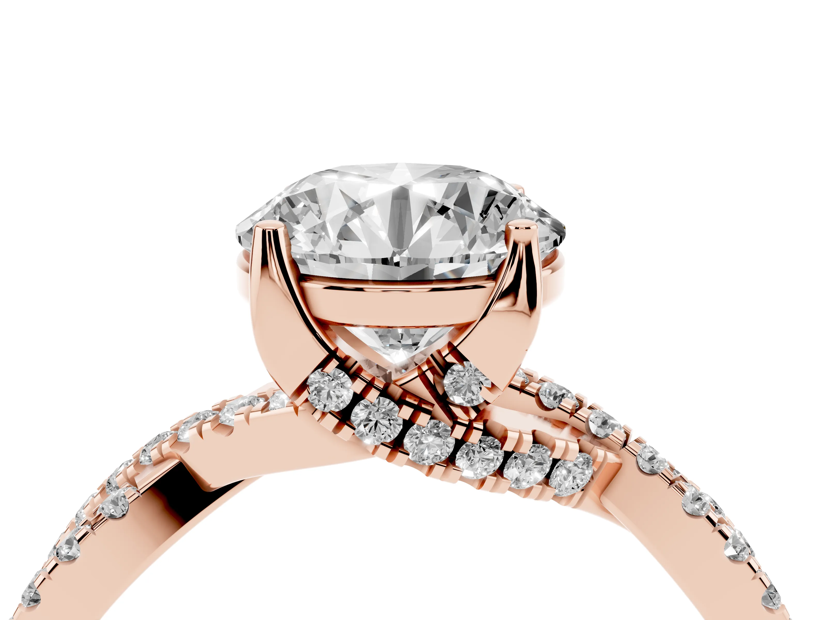 Round Cut Diamond Twist Pavé Solitaire Engagement Ring Set in Rose gold with Prong Setting