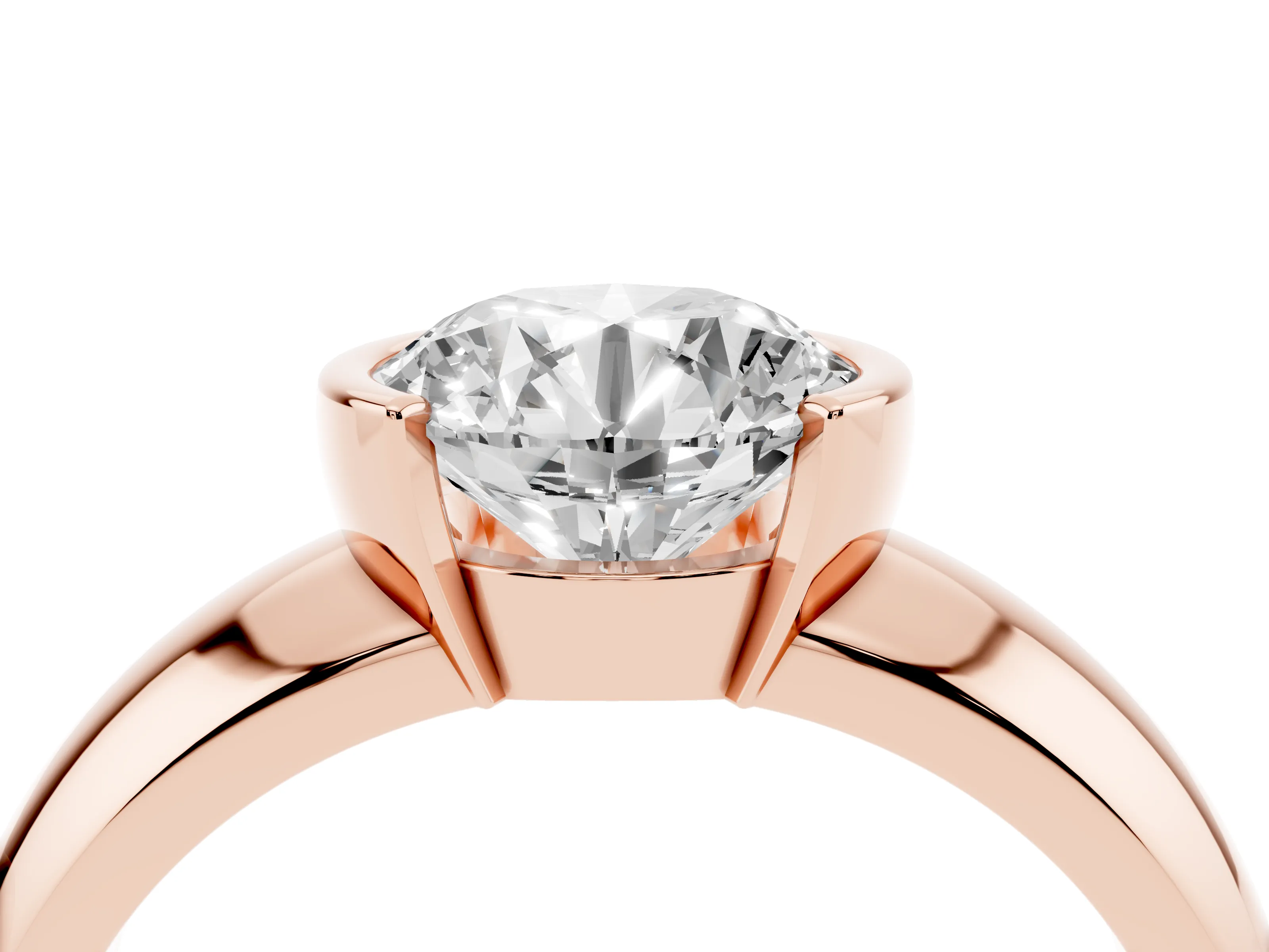 Round Cut Diamond Solitaire Tension Set Ring Set in Rose gold with Wide Band