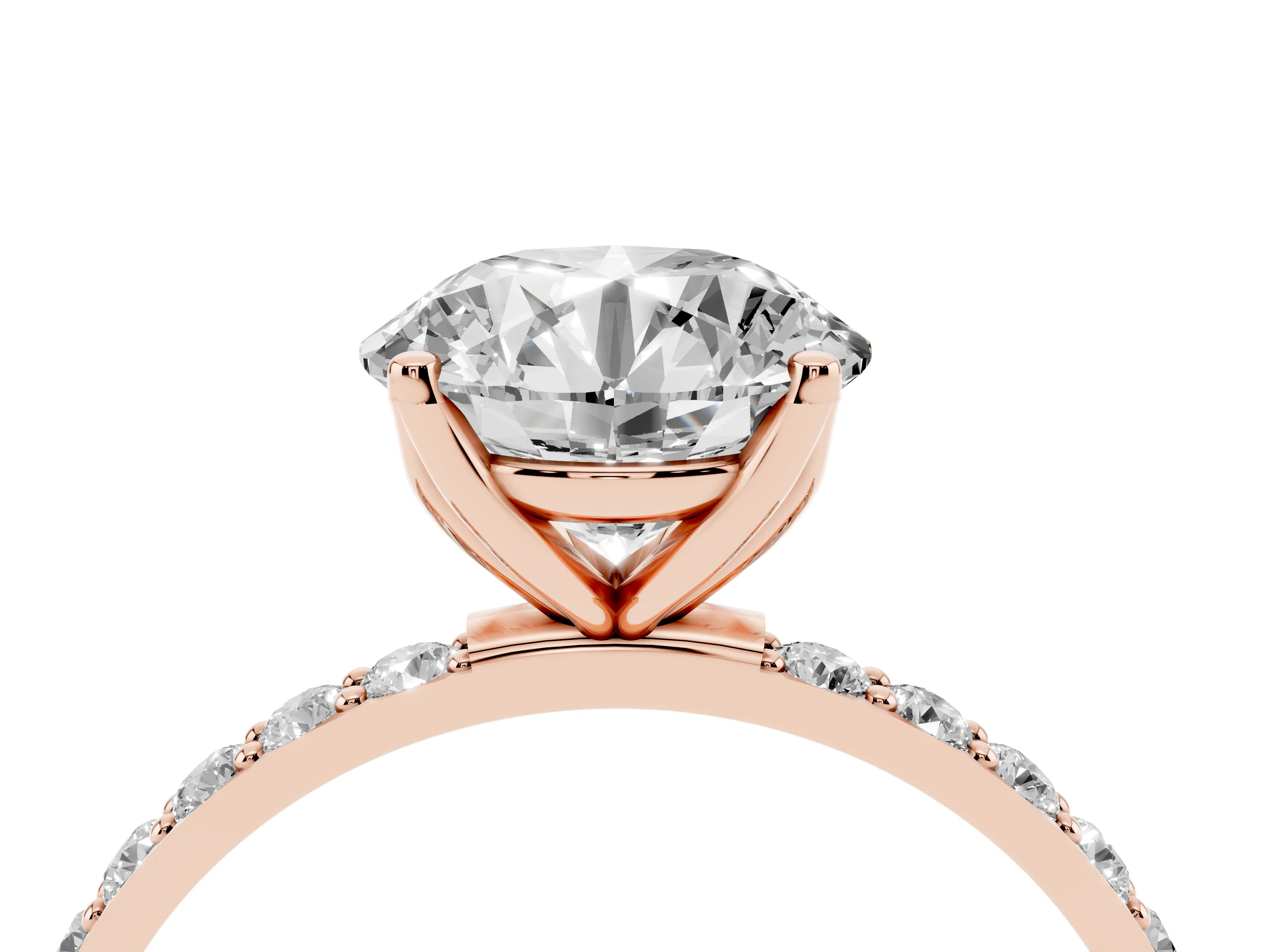 Round Cut Diamond Solitaire Engagement Ring Set in Rose gold with Round Pavé Band and Prong Setting