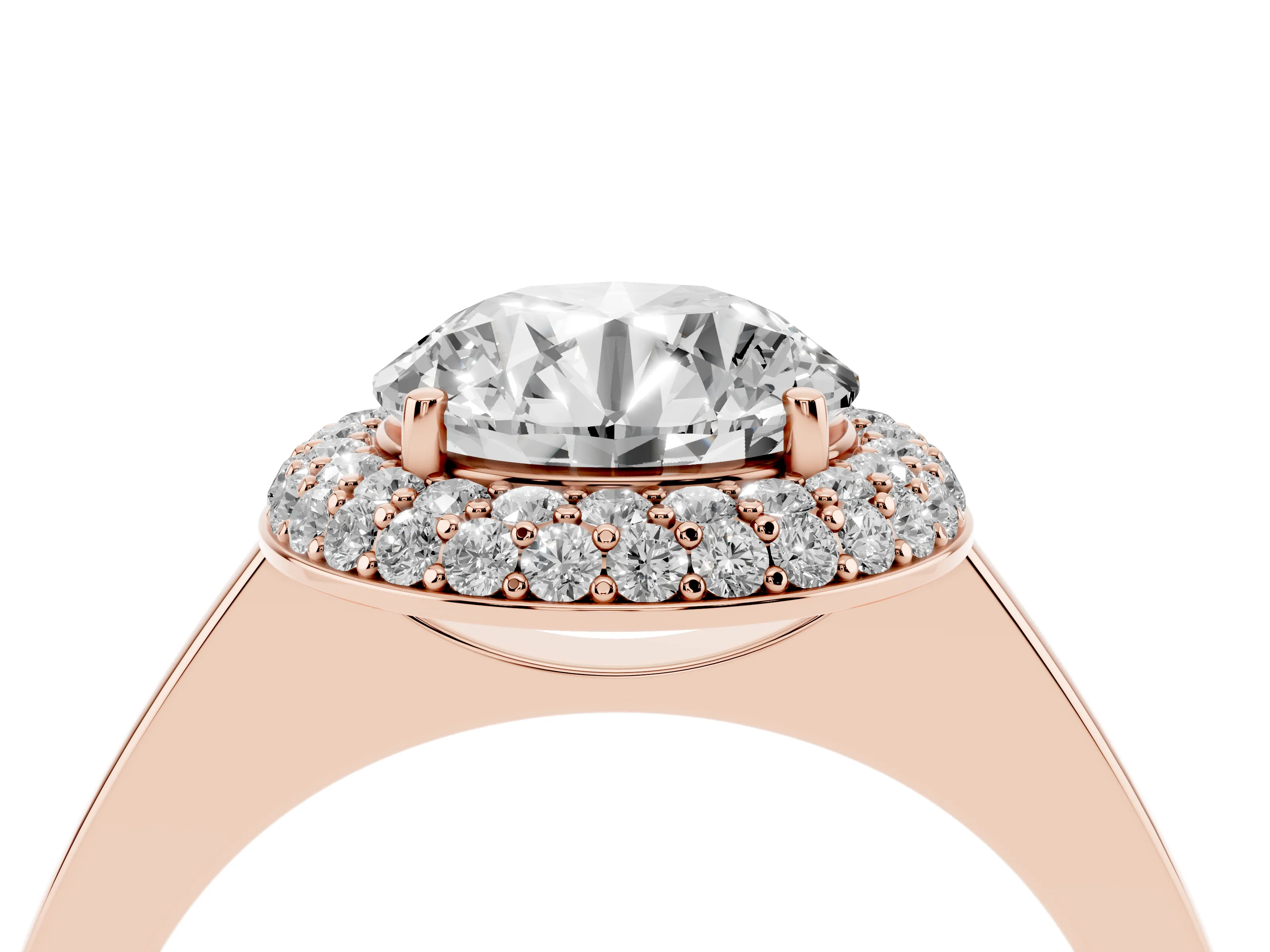 Round Cut Diamond Halo Engagement Ring Set in Rose gold with Solitaire Band and Prong Setting