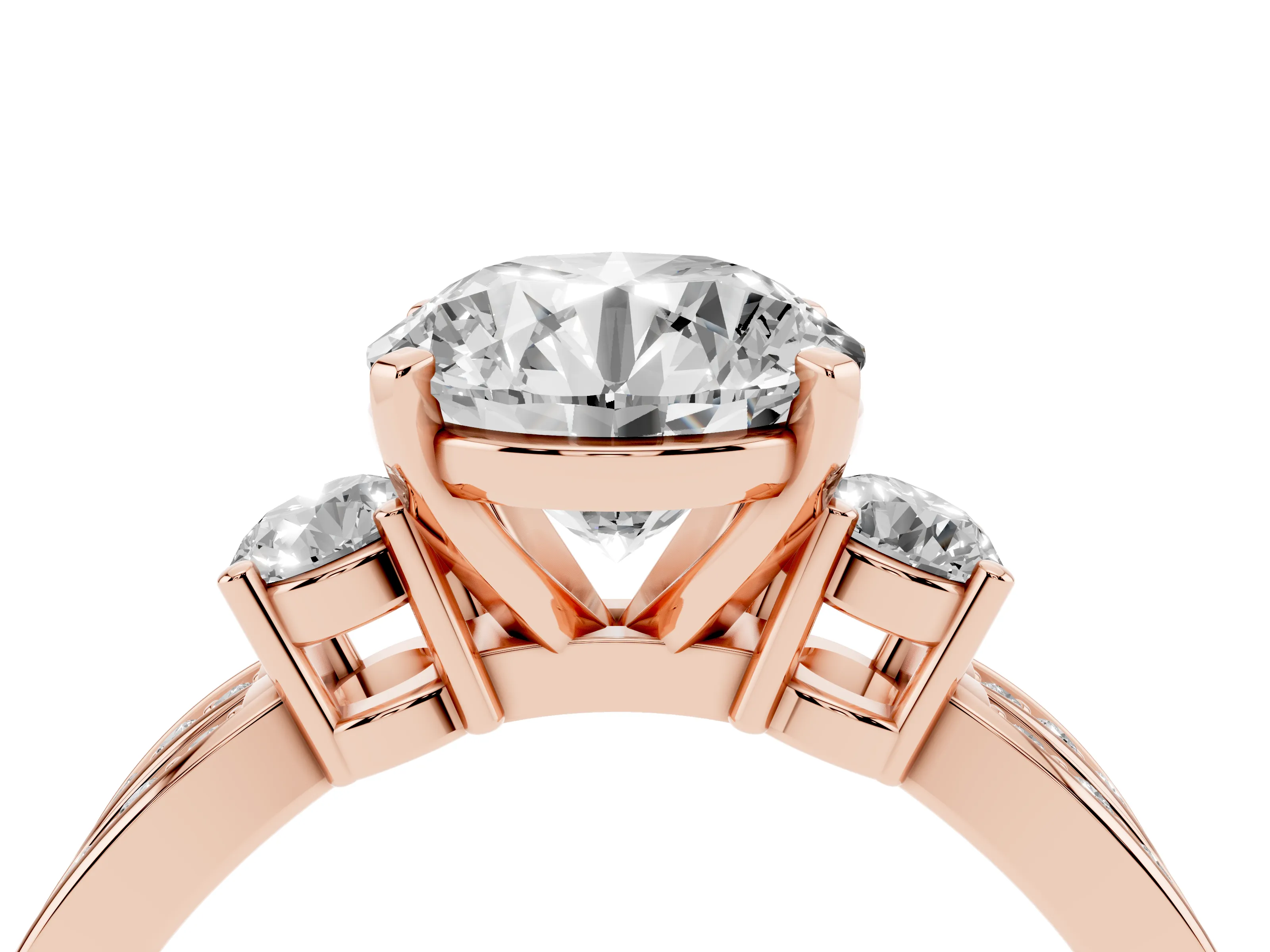 Three-Stone Round Cut Diamond Twist Band Ring Set in Rose gold with Pavé Accents and Prong Setting
