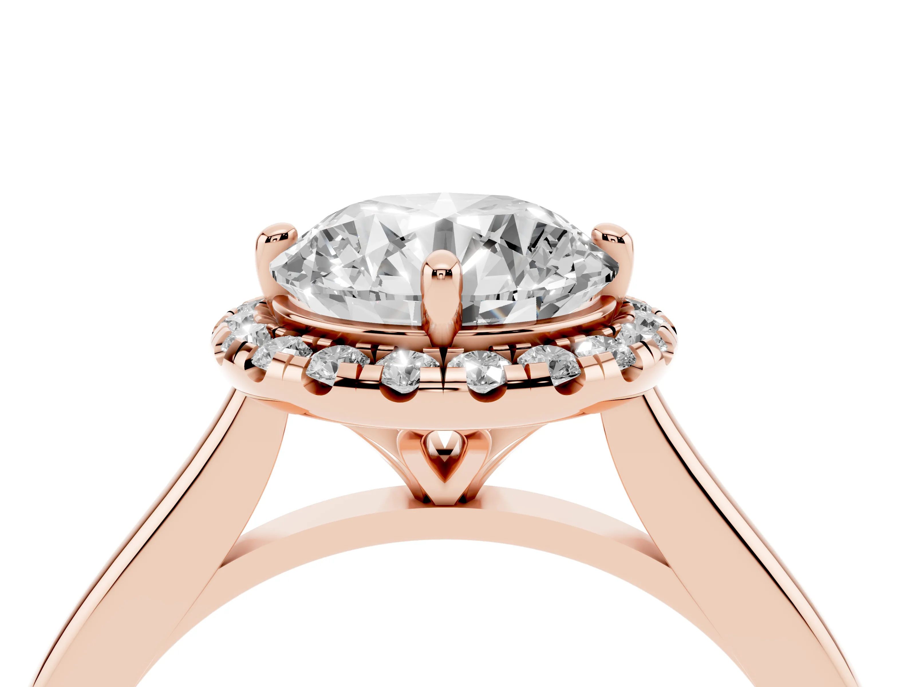 Round Cut Diamond Halo Engagement Ring Set in Rose gold with Pavé Band and Rising Shoulders