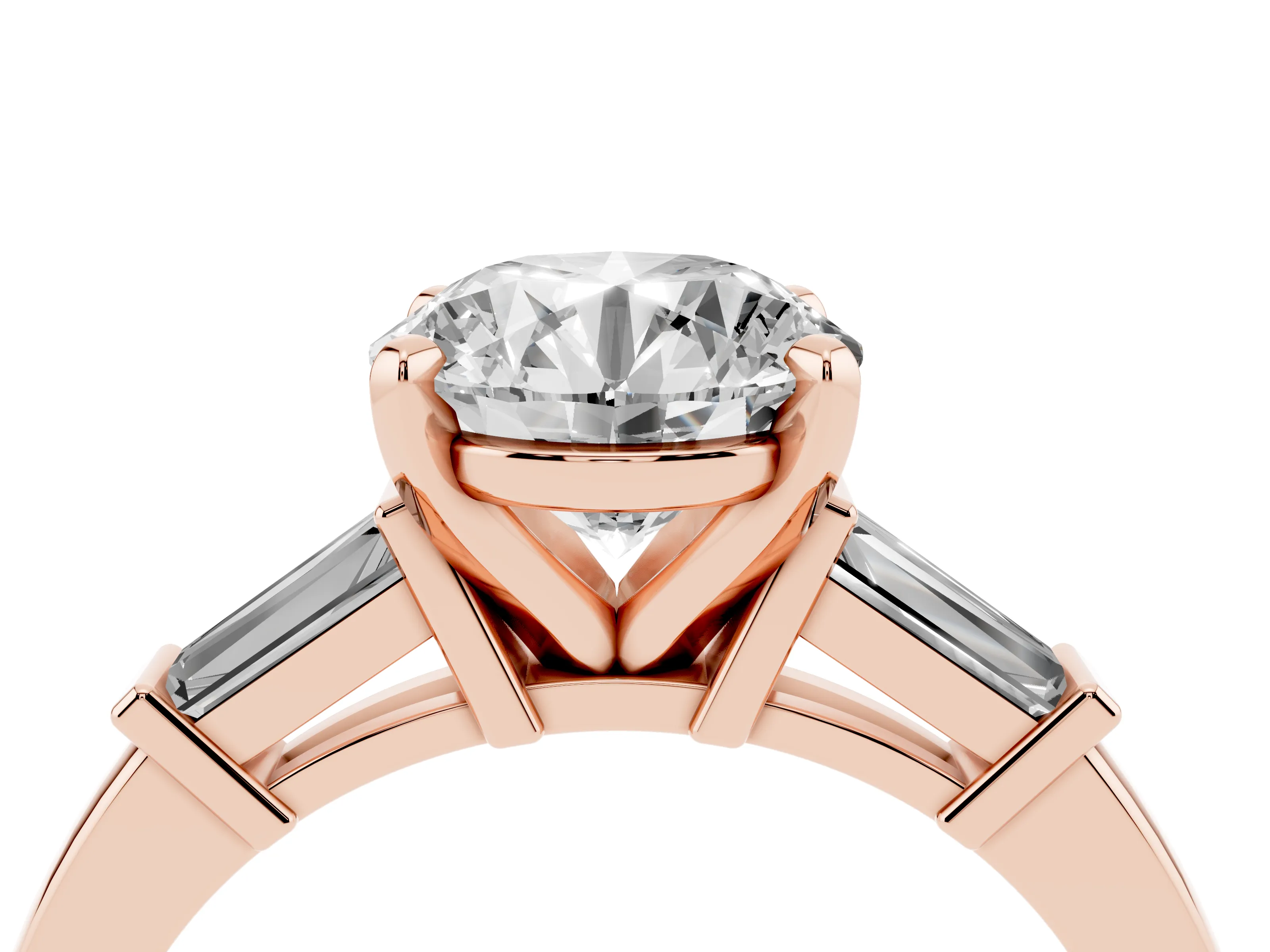 Round Cut Diamond Solitaire Ring Set in Rose gold with Tapered Baguette Accents and Prong Setting