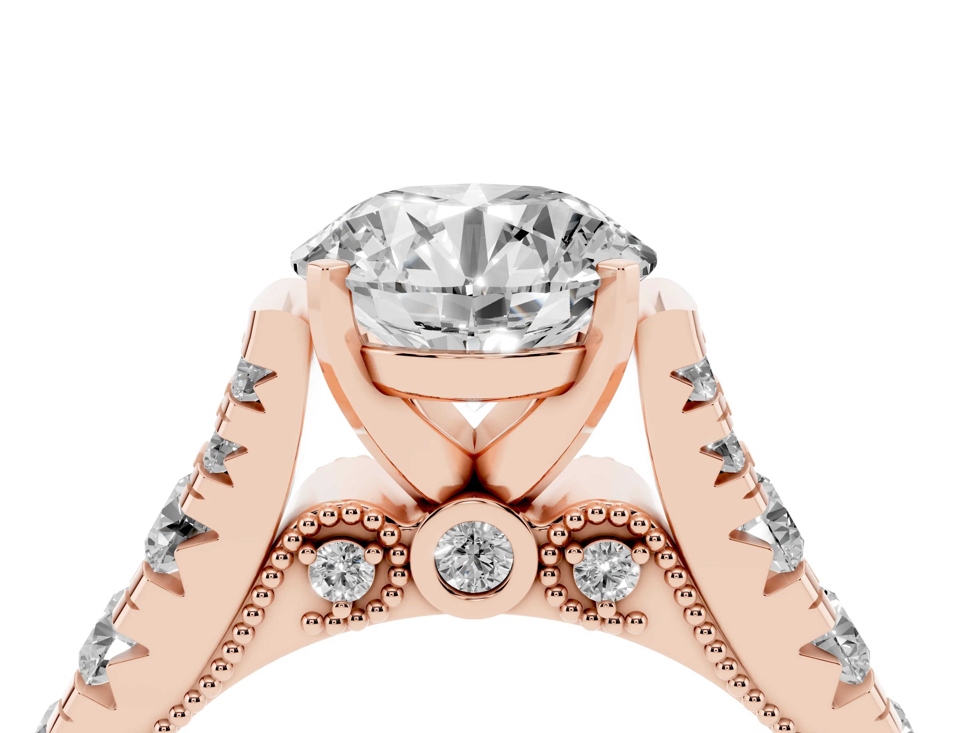 Round Cut Diamond Classic Solitaire Ring Set in Rose gold with Pavé Band and Prong Setting
