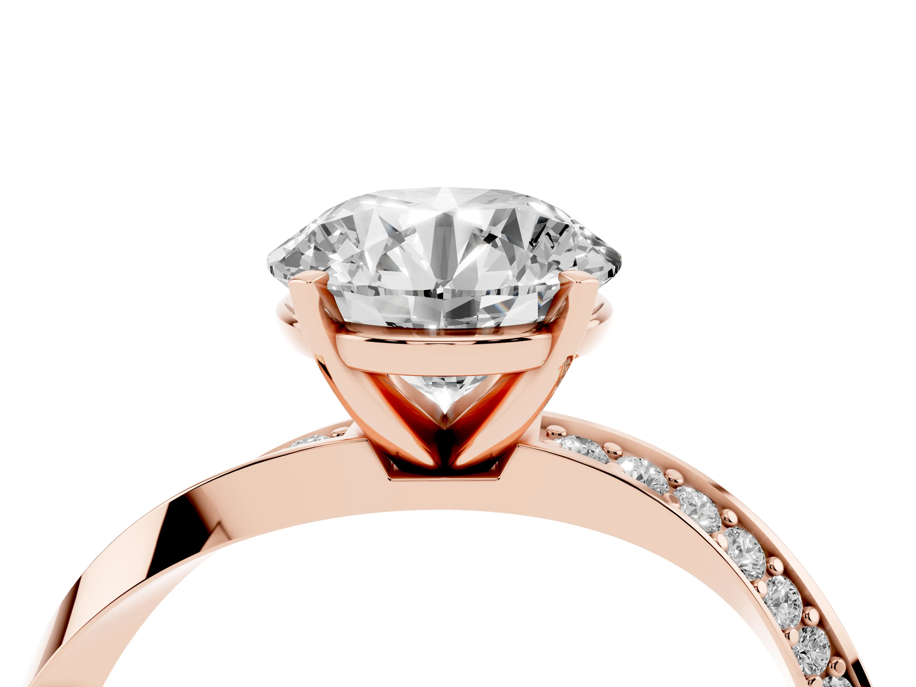 Round Cut Diamond Engagement Ring Set in Rose gold with Side Stone Accents and Prong Setting