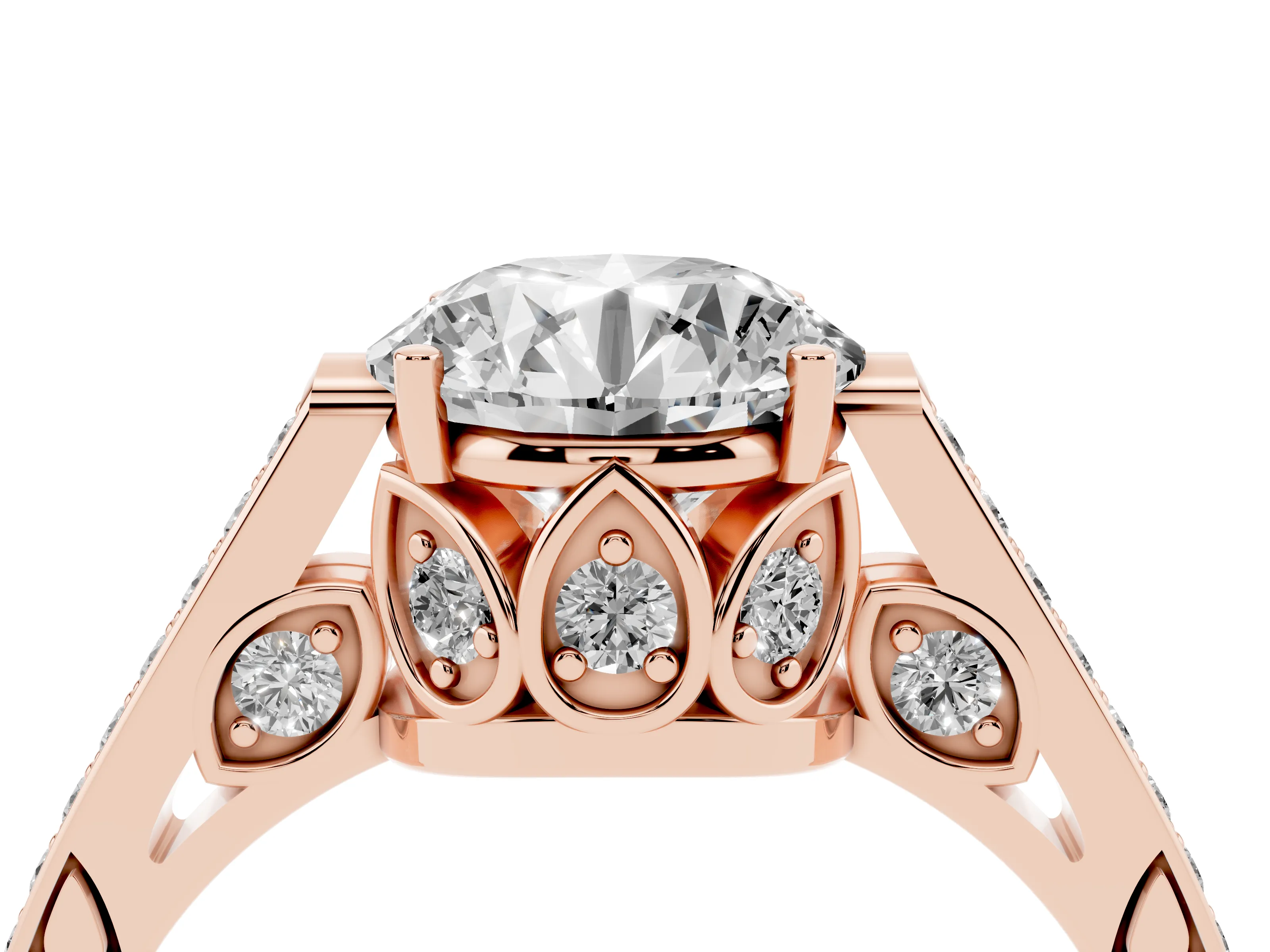 Round Cut Diamond Cathedral Pavé Engagement Ring Set in Rose gold with Prong Setting
