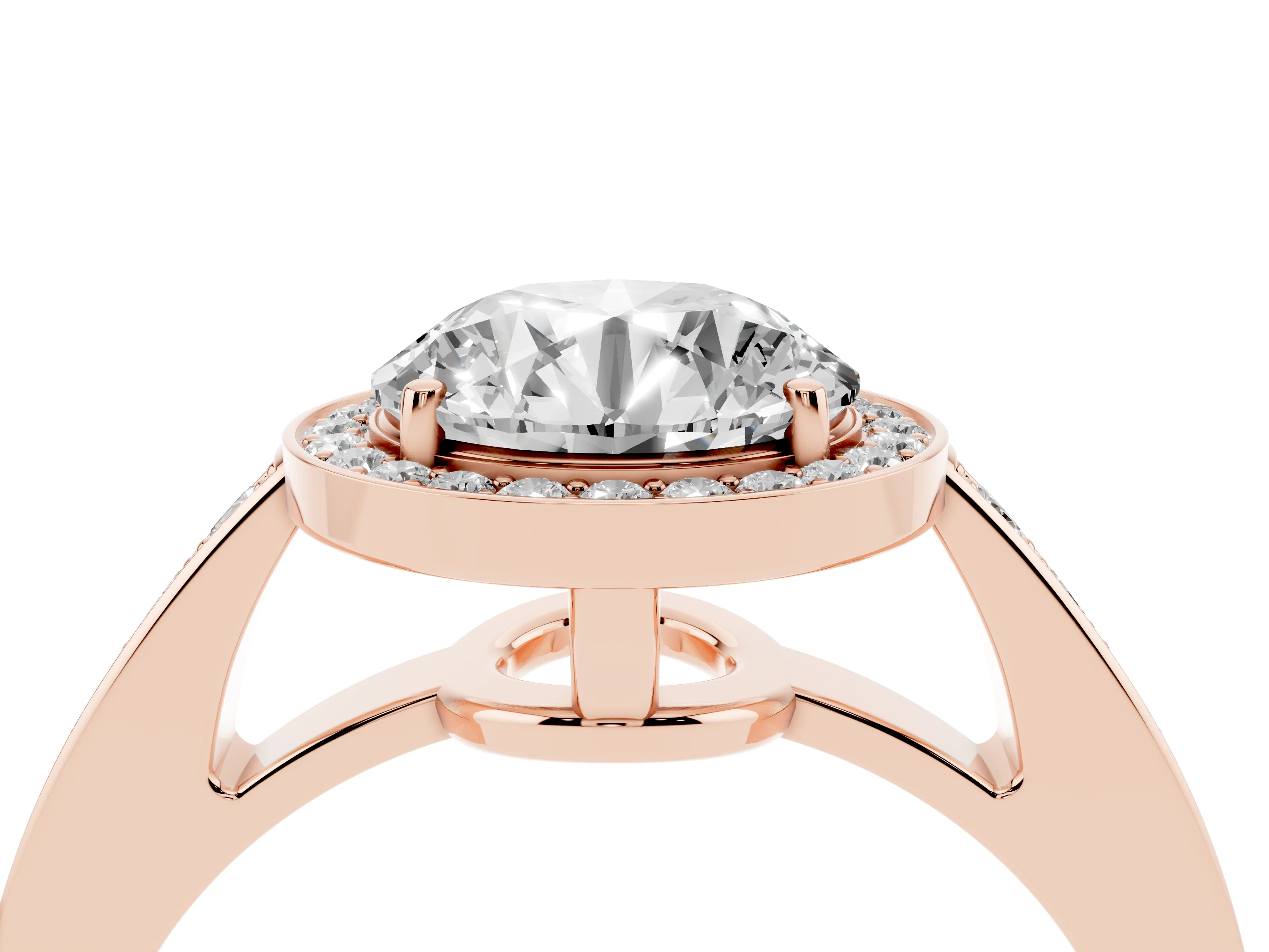 Round Cut Diamond Halo Pavé Engagement Ring Set in Rose gold with Bezel Setting
