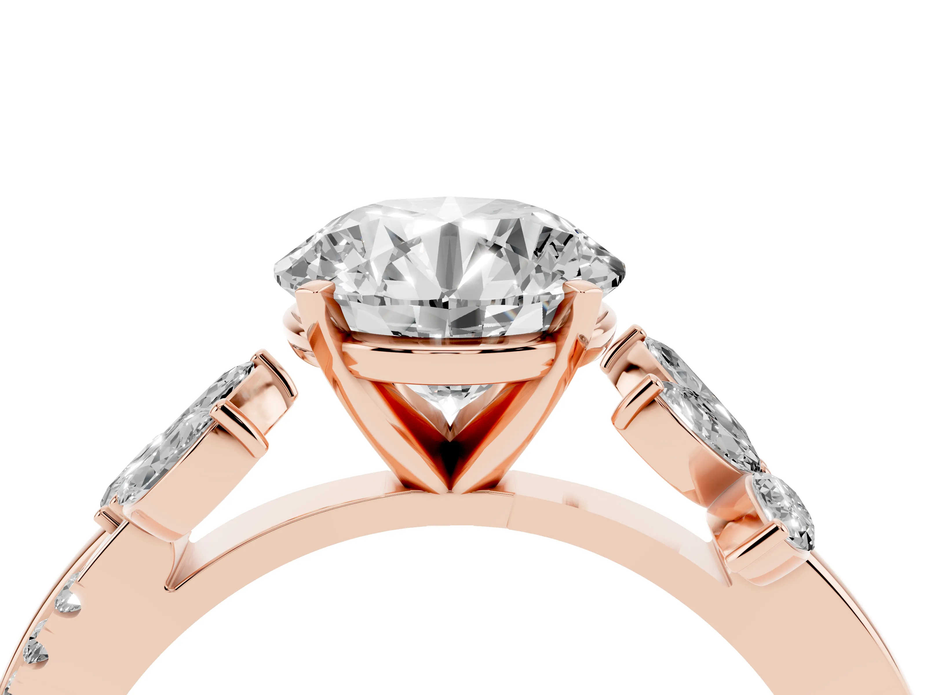 Round Cut Diamond Floral Vine Solitaire Engagement Ring Set in Rose gold with Marquise Leaves
