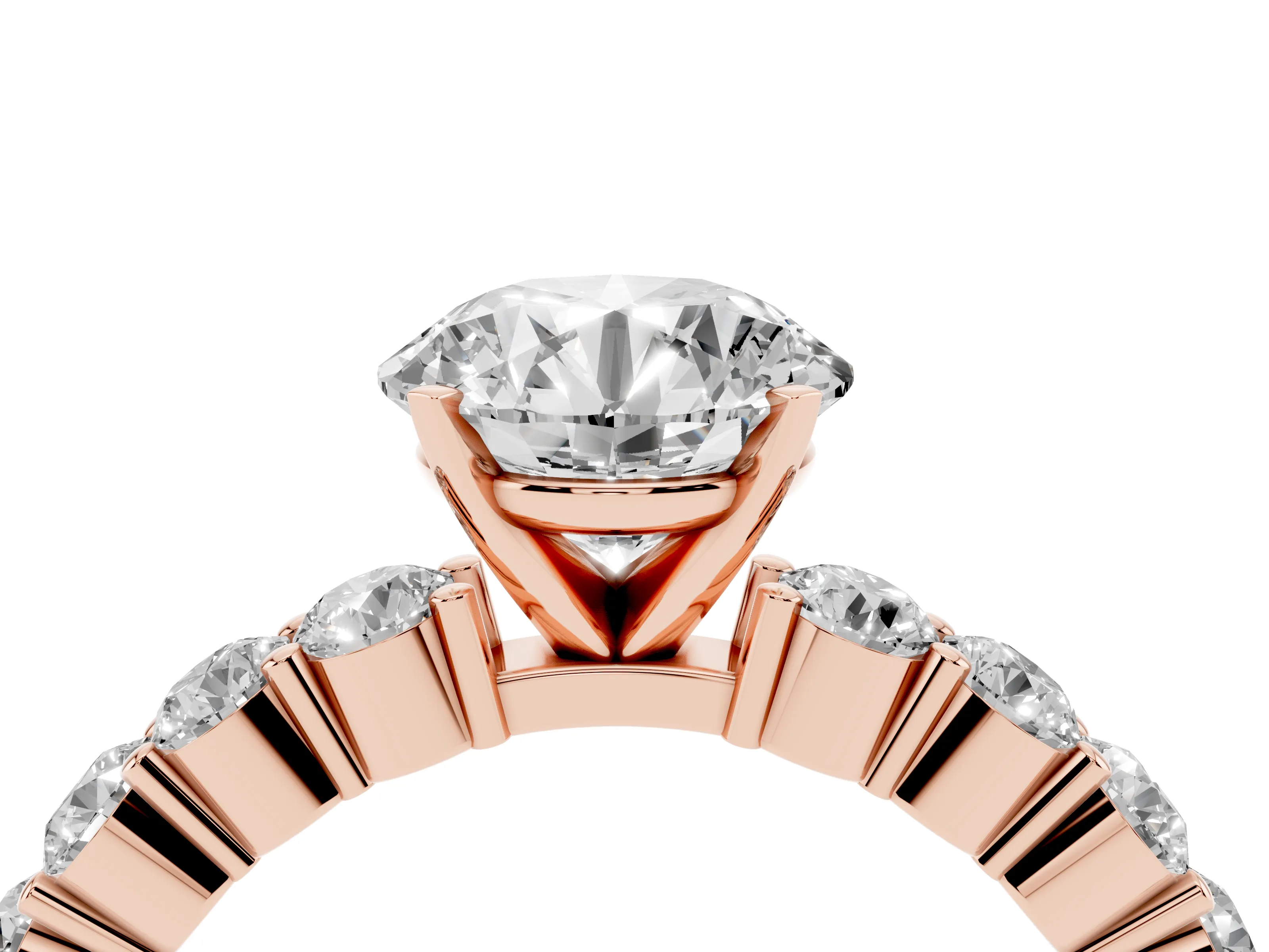 Round Cut Diamond Solitaire Ring Set in Rose gold with Shared Prong Round Side Stones