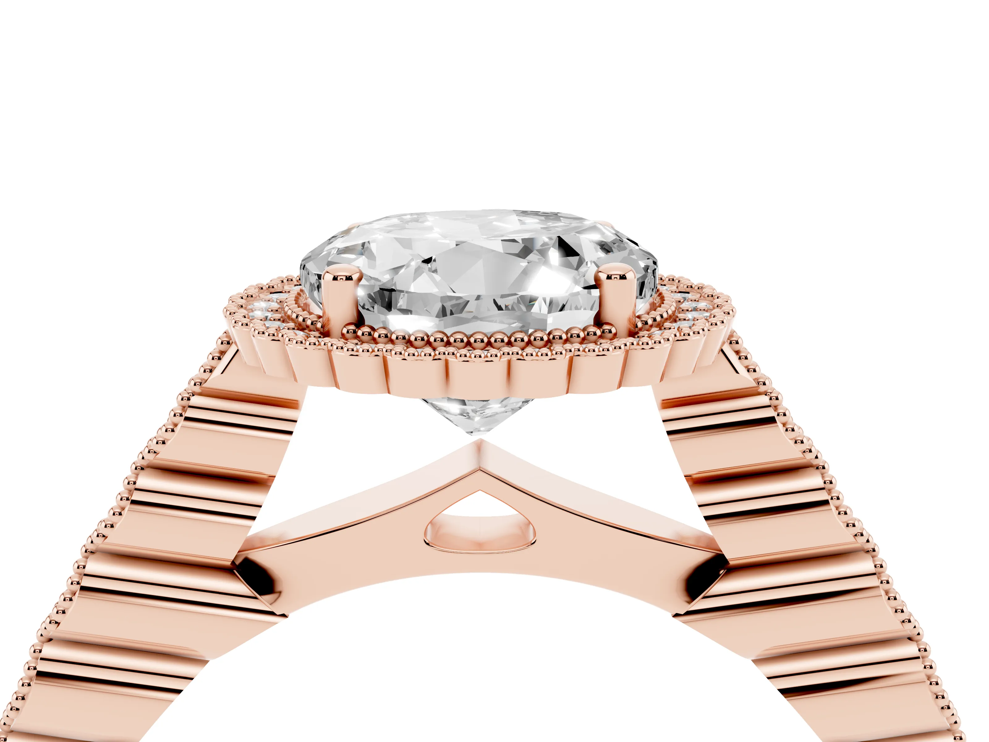 Round Cut Diamond Halo Ring Set in Rose gold with Pavé Milgrain Band