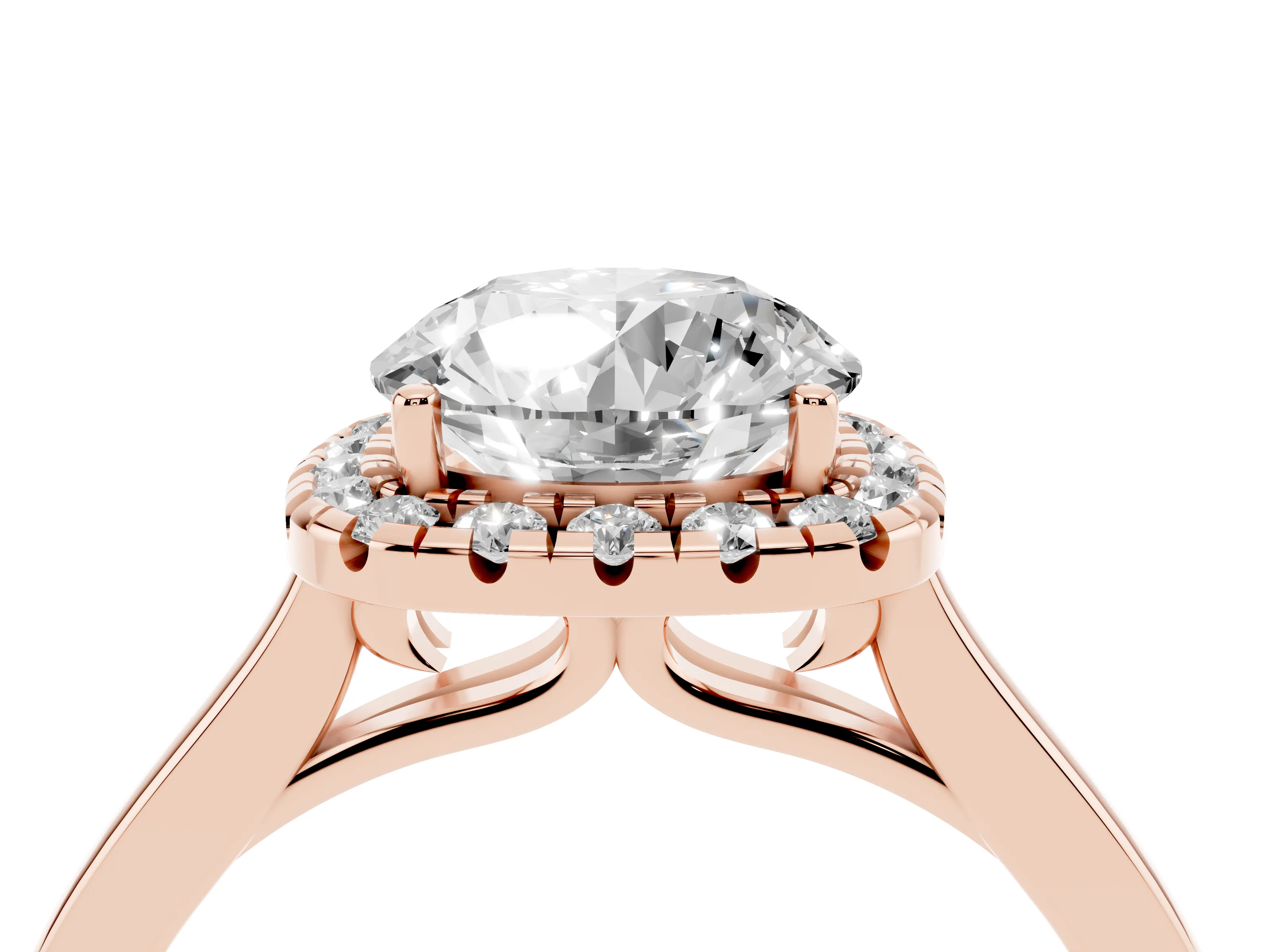 Round Cut Halo Round Diamond Solitaire Ring Set in Rose gold with Pavé Band and Prong Setting