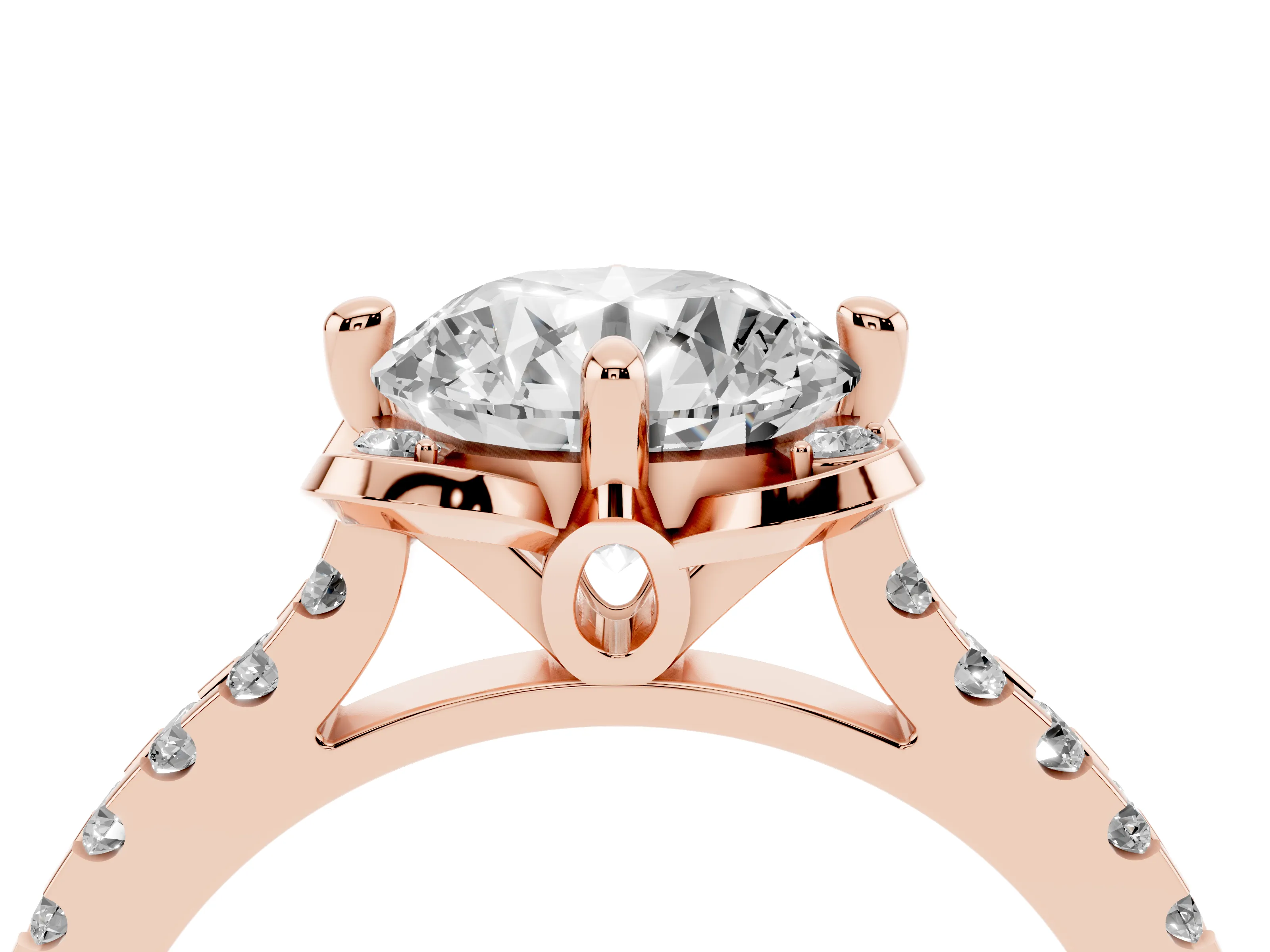 Round Cut Diamond Solitaire Ring Set in Rose gold with Pavé Band and Floral Prong Setting