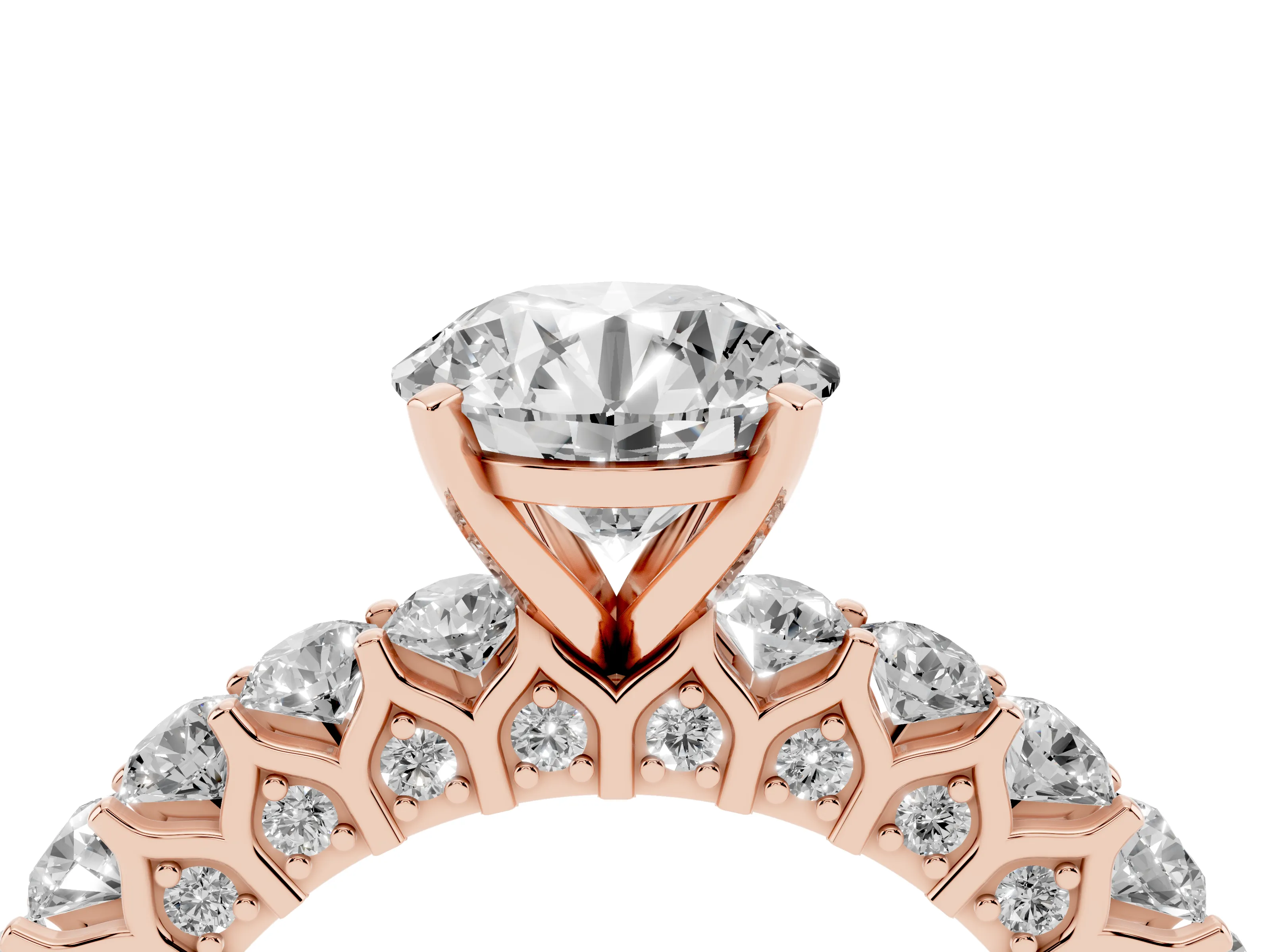 Round Cut Diamond Solitaire Ring Set in Rose gold with Shared Prong Pavé Band